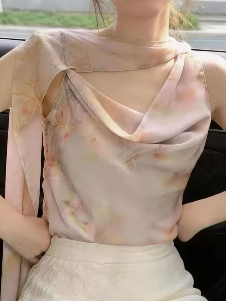 실사 여름 프랑스식 품격 리본 행침 목 흔들다 칼라 캐미솔 불규칙 민소매 맨위 인사이드 가져 가라. 외출용 상세 이미지 3