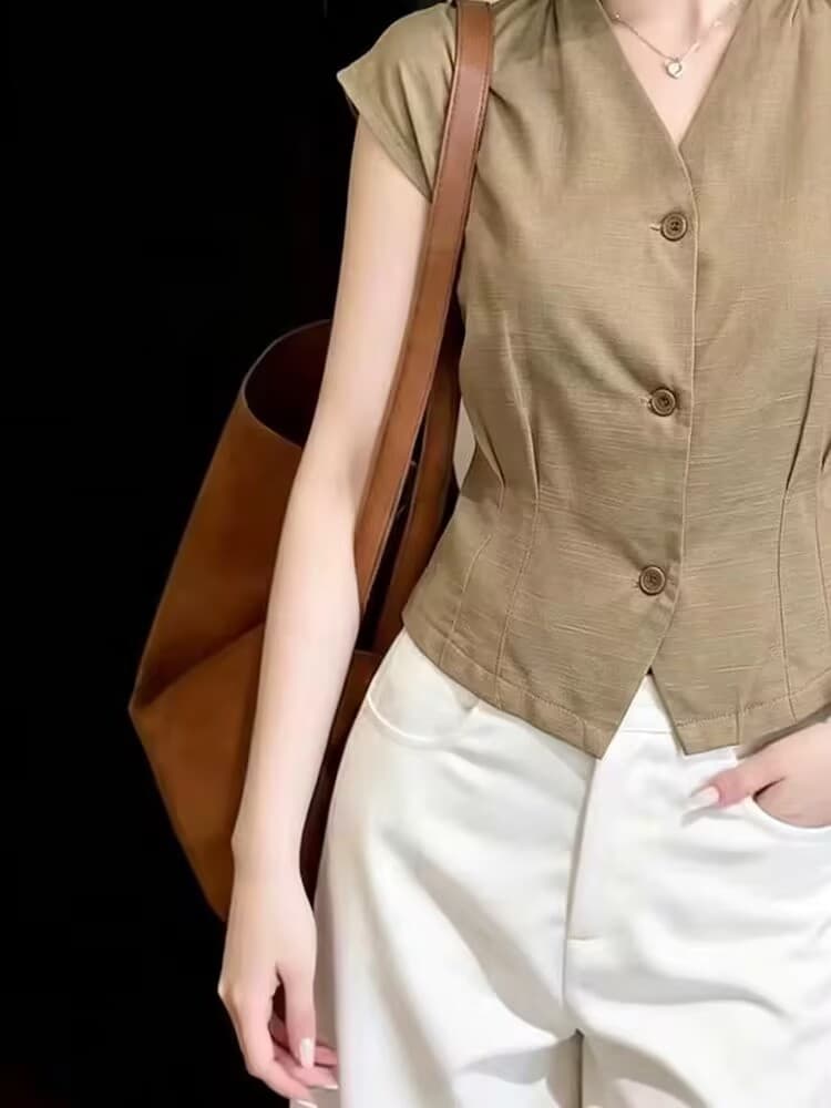 실사 여름 프랑스식 품격 레트로 POLO 칼라 여성 셔츠 디자인 센스 작은 대중 고유 한 아름다운 허리 수축 맨위 상세 이미지 2