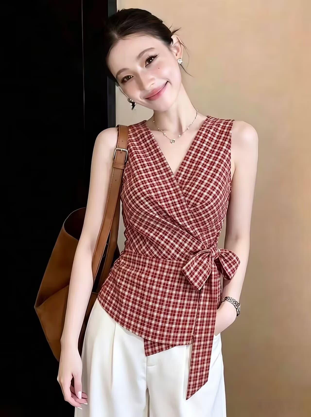 실사 불규칙 스트랩 허리 수축 쇼트 스타일 캐미솔 여름 달콤한 핫걸 체크무늬 V넥 민소매 맨위 상세 이미지 2