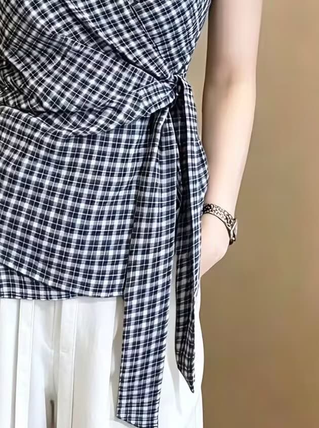 실사 불규칙 스트랩 허리 수축 쇼트 스타일 캐미솔 여름 달콤한 핫걸 체크무늬 V넥 민소매 맨위 상세 이미지 4