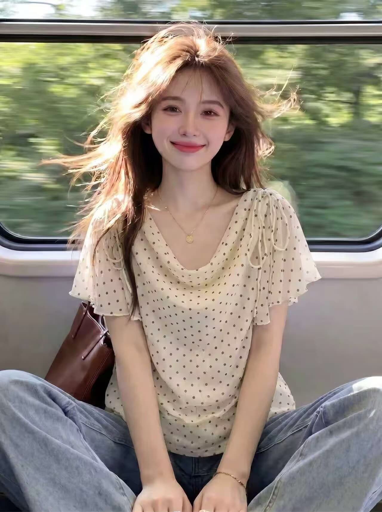 실사 여름 섹시함 달콤한 핫걸 긍정적 인 어깨 흔들다 칼라 배색 도트 무늬 반팔 티셔츠 여성 레이스업 꼬집기 허리 슬림해 보이는 맨위 상세 이미지 1