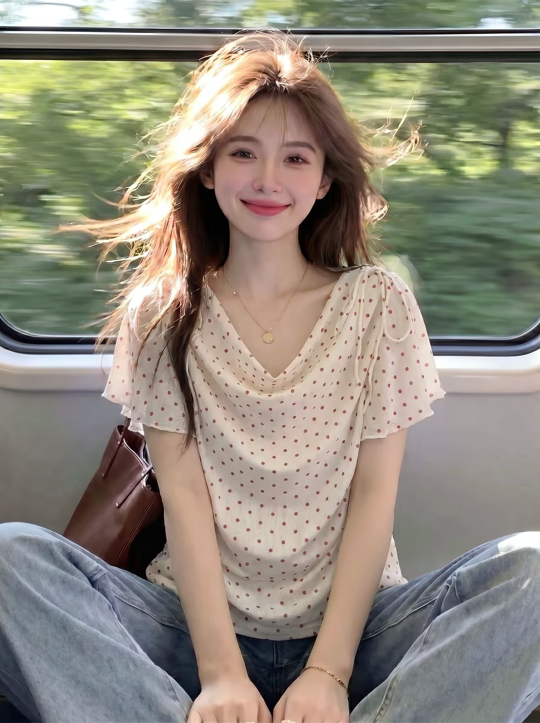 실사 여름 섹시함 달콤한 핫걸 긍정적 인 어깨 흔들다 칼라 배색 도트 무늬 반팔 티셔츠 여성 레이스업 꼬집기 허리 슬림해 보이는 맨위 상세 이미지 2