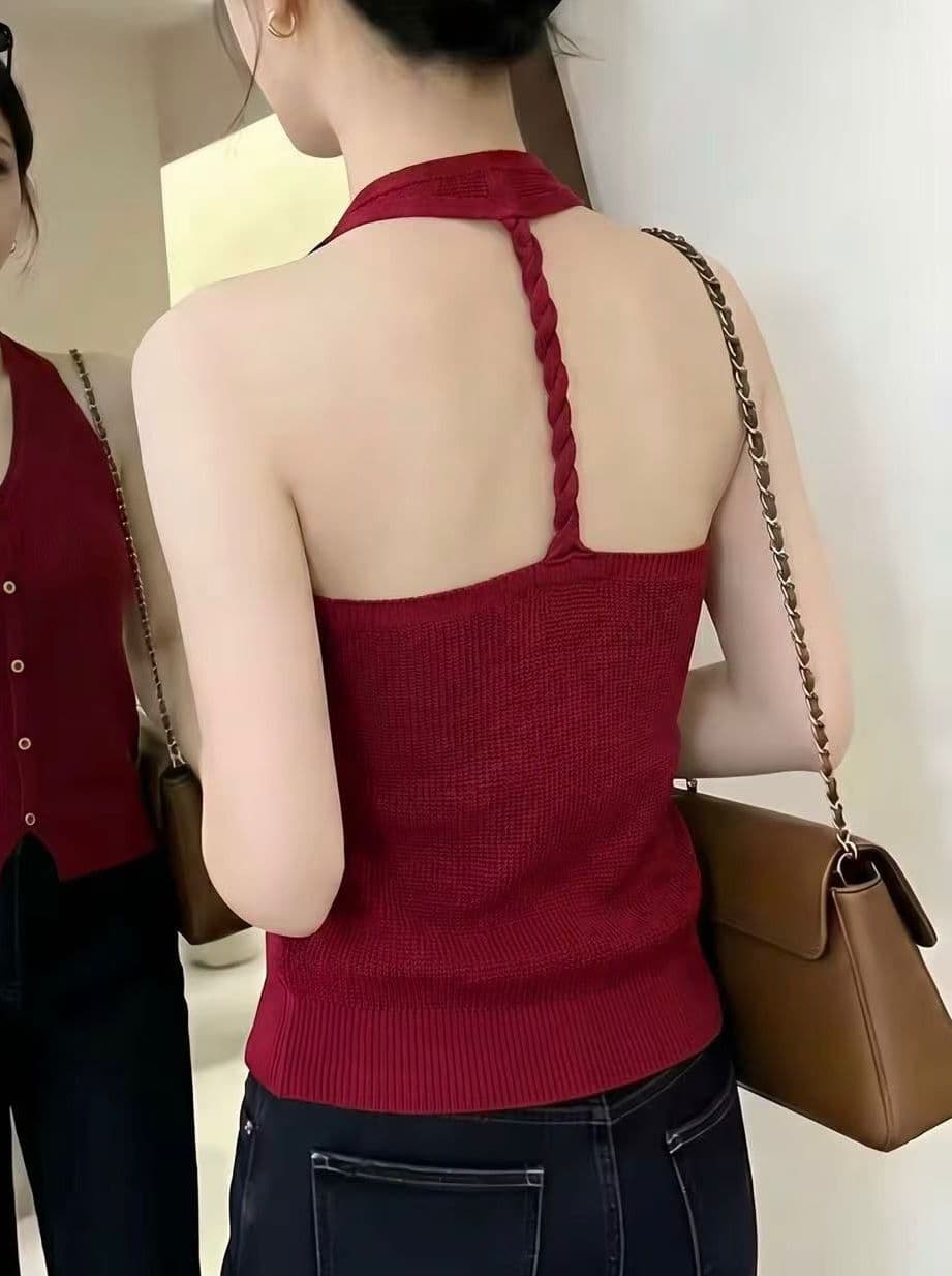 실사 달콤한 핫걸 행침 목 V넥 니트 캐미솔 인사이드 가져 가라. 외출용 여름 몸매 가꾸기 쇼트 스타일 민소매 맨위 이미지 3