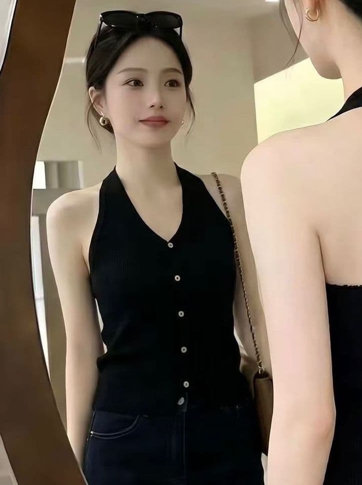 실사 달콤한 핫걸 행침 목 V넥 니트 캐미솔 인사이드 가져 가라. 외출용 여름 몸매 가꾸기 쇼트 스타일 민소매 맨위 이미지 4
