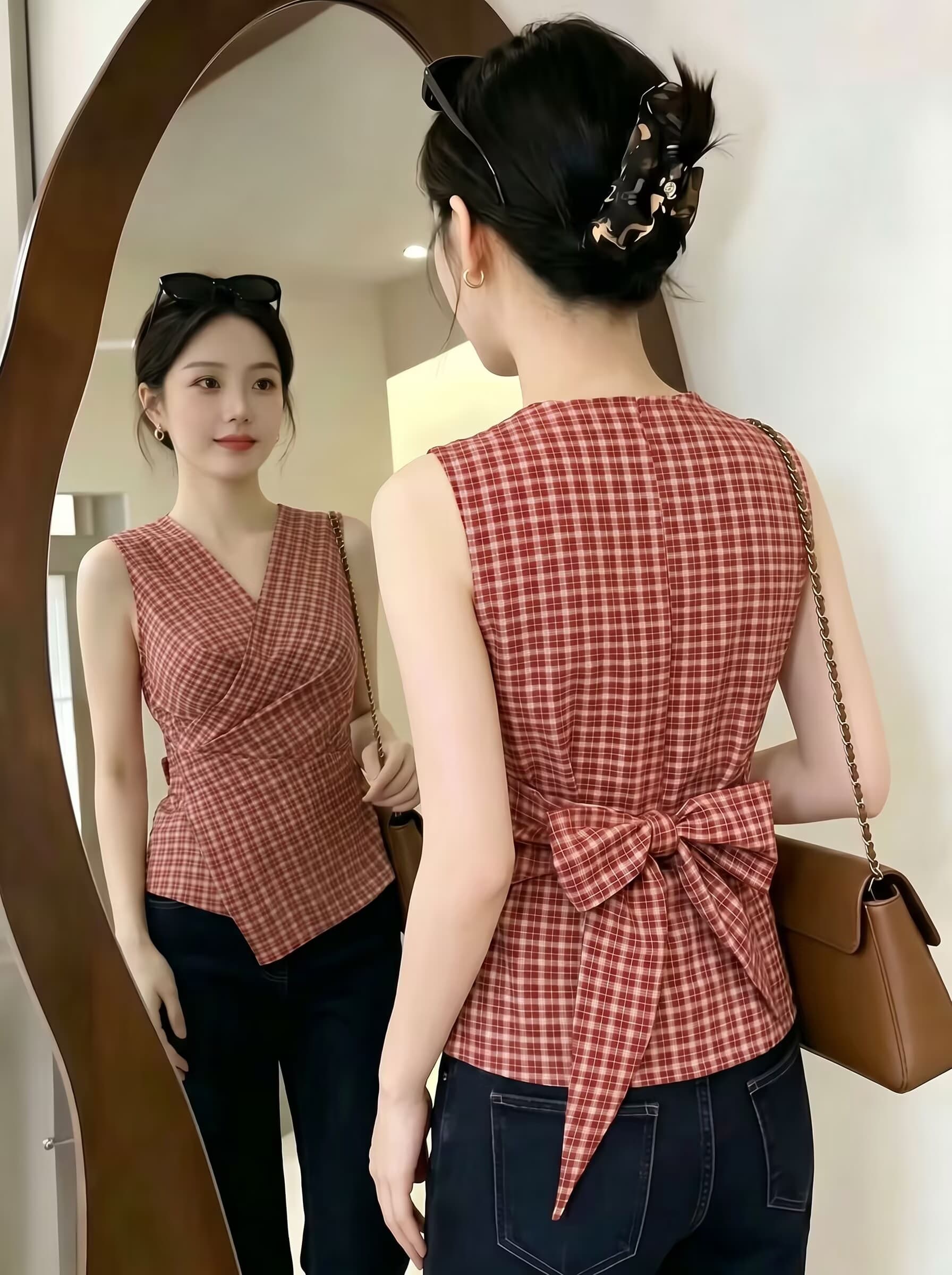 실사 불규칙 스트랩 허리 수축 쇼트 스타일 캐미솔 여름 달콤한 핫걸 체크무늬 V넥 민소매 맨위