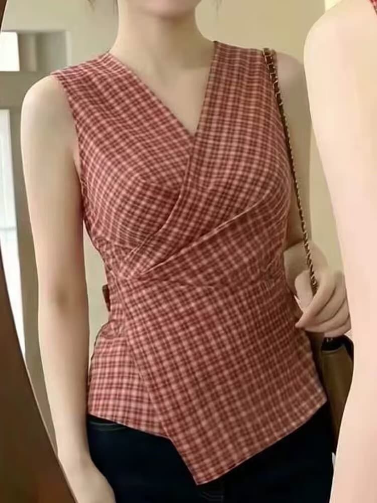 실사 불규칙 스트랩 허리 수축 쇼트 스타일 캐미솔 여름 달콤한 핫걸 체크무늬 V넥 민소매 맨위 이미지 3