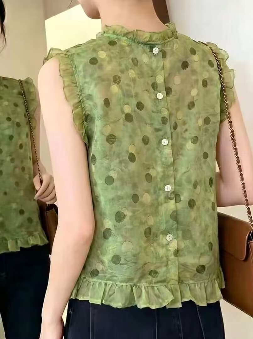 실사 여름 프랑스식 레트로 핫걸 프릴 꽃무늬 레이스 조각 민소매 여성 셔츠 작은 대중 몸매 가꾸기 맨위 이미지 4