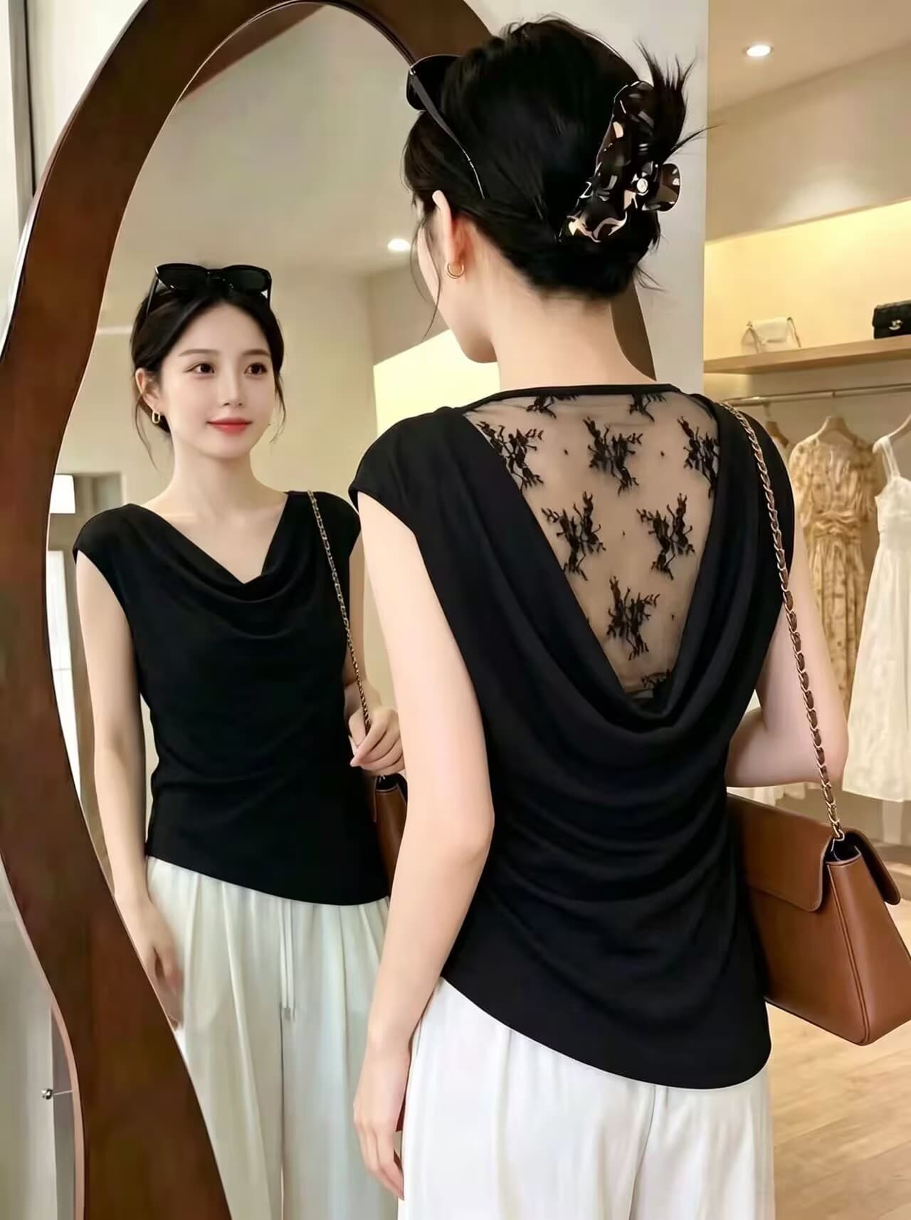 실사 여름 섹시함 핫걸 펌프 Pleat 불규칙 디자인 센스 반하이넥 조끼 여성 홀로우 아웃 몸매 가꾸기 백리스 맨위 이미지 2
