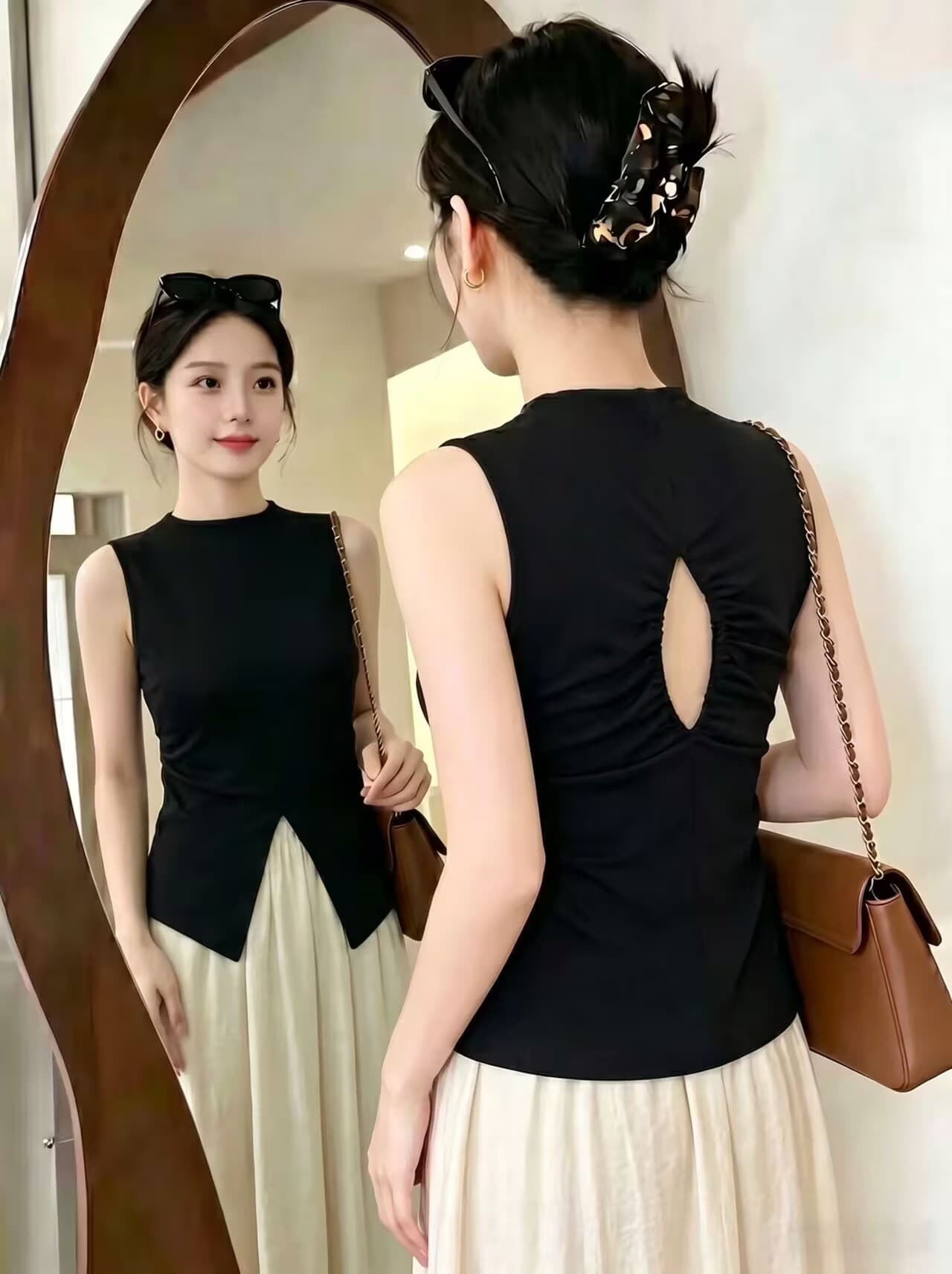 실사 여름 섹시함 핫걸 펌프 Pleat 불규칙 디자인 센스 반하이넥 조끼 여성 홀로우 아웃 몸매 가꾸기 백리스 맨위 이미지 2