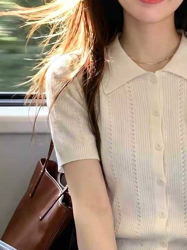 실사 여름 학원 스타일 POLO 칼라 긍정적 인 어깨 반팔 니트 티셔츠 여성 고유 한 Chic 고양이 자수 오픈 가디건 맨위 이미지 4