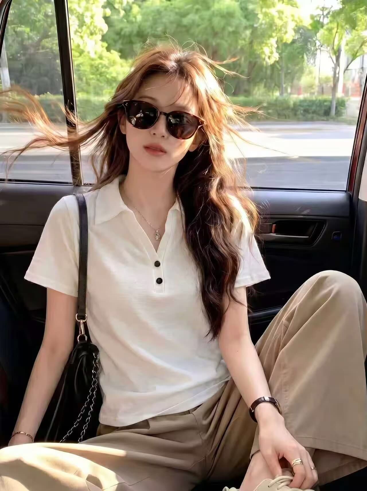 실사 여름 POLO 칼라 긍정적 인 어깨 반팔 티셔츠 여성 몸매 가꾸기 쇼트 스타일 작은 셔츠 디자인 센스 순수한 욕망 바람 맨위 이미지 2