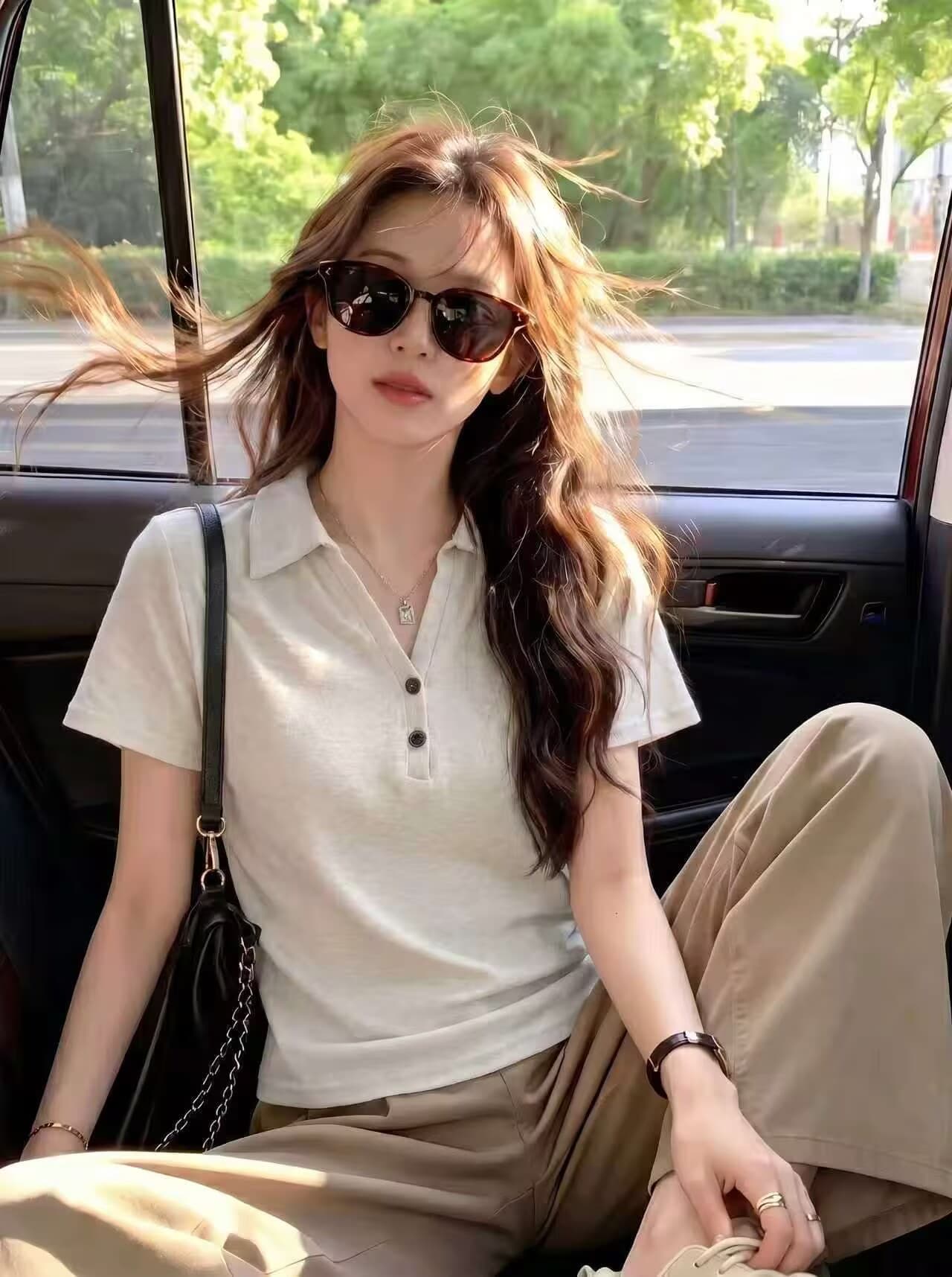 실사 여름 POLO 칼라 긍정적 인 어깨 반팔 티셔츠 여성 몸매 가꾸기 쇼트 스타일 작은 셔츠 디자인 센스 순수한 욕망 바람 맨위 상세 이미지 1