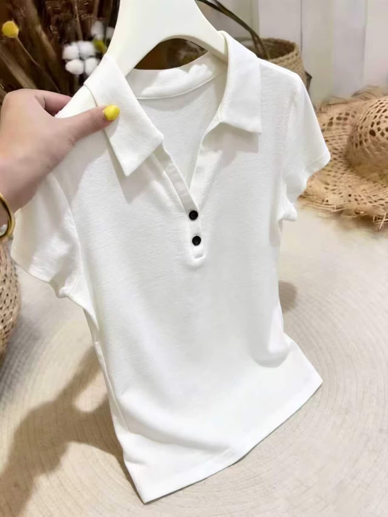 실사 여름 POLO 칼라 긍정적 인 어깨 반팔 티셔츠 여성 몸매 가꾸기 쇼트 스타일 작은 셔츠 디자인 센스 순수한 욕망 바람 맨위 상세 이미지 3