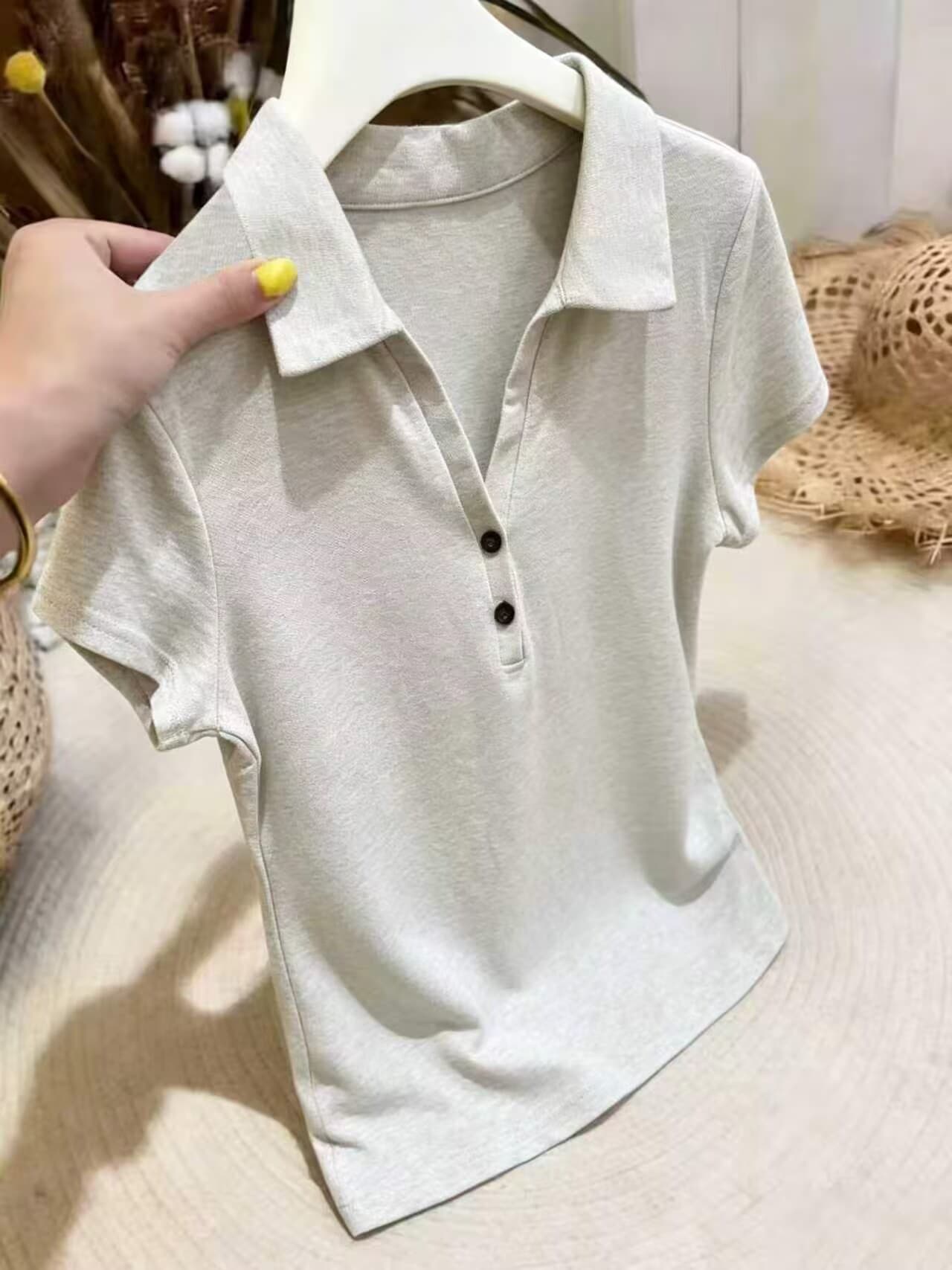 실사 여름 POLO 칼라 긍정적 인 어깨 반팔 티셔츠 여성 몸매 가꾸기 쇼트 스타일 작은 셔츠 디자인 센스 순수한 욕망 바람 맨위 상세 이미지 4
