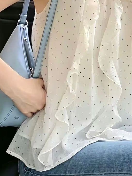 실사 디자인 센스 슈퍼 요정 프릴 광택 실 쉬폰 여성 셔츠 여름 얇은 스타일 3 차원 하트 도트 무늬 행침 목 맨위 이미지 3