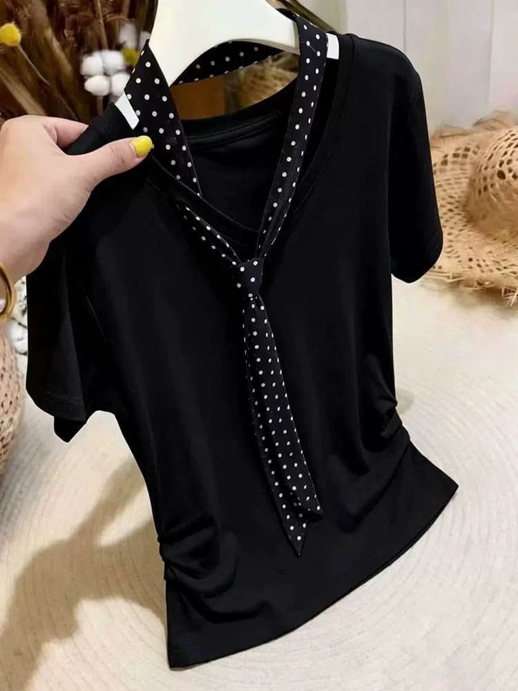 실사 남쪽 기름 고급 여성 의류 달콤한 핫걸 행침 목 레이스업 V넥 반팔 티셔츠 여성 디자인 센스 배색 도트 무늬 맨위 상세 이미지 1