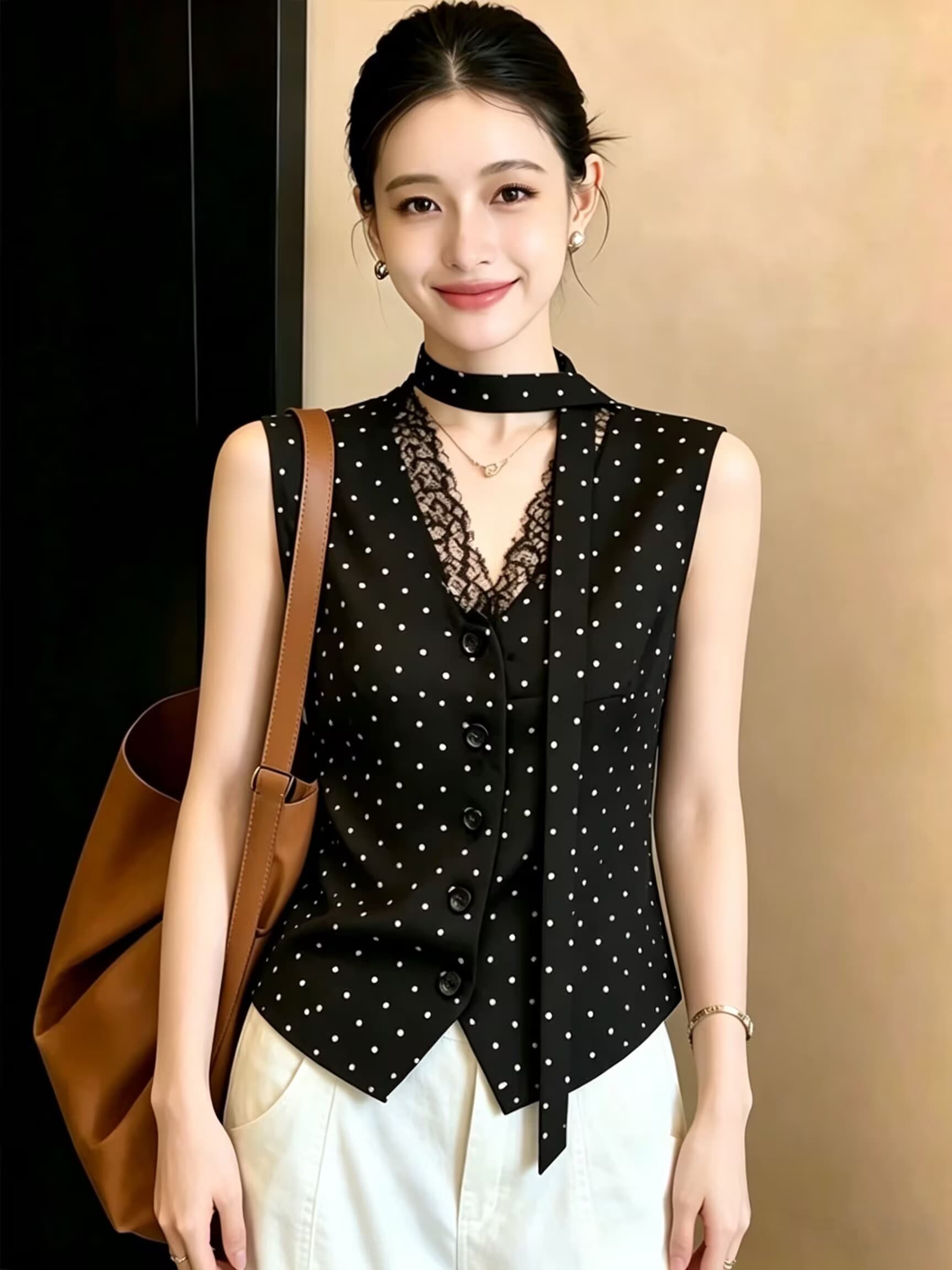 실사 고급 센스 패치워크 레이스 V넥 민소매 조끼 여자 2026 새로운 여름 루즈핏 슬림해 보이는 쇼트 스타일 맨위 이미지 2