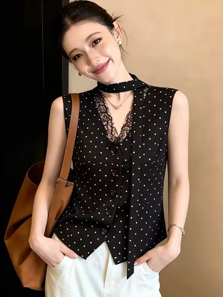 실사 고급 센스 패치워크 레이스 V넥 민소매 조끼 여자 2026 새로운 여름 루즈핏 슬림해 보이는 쇼트 스타일 맨위 상세 이미지 1