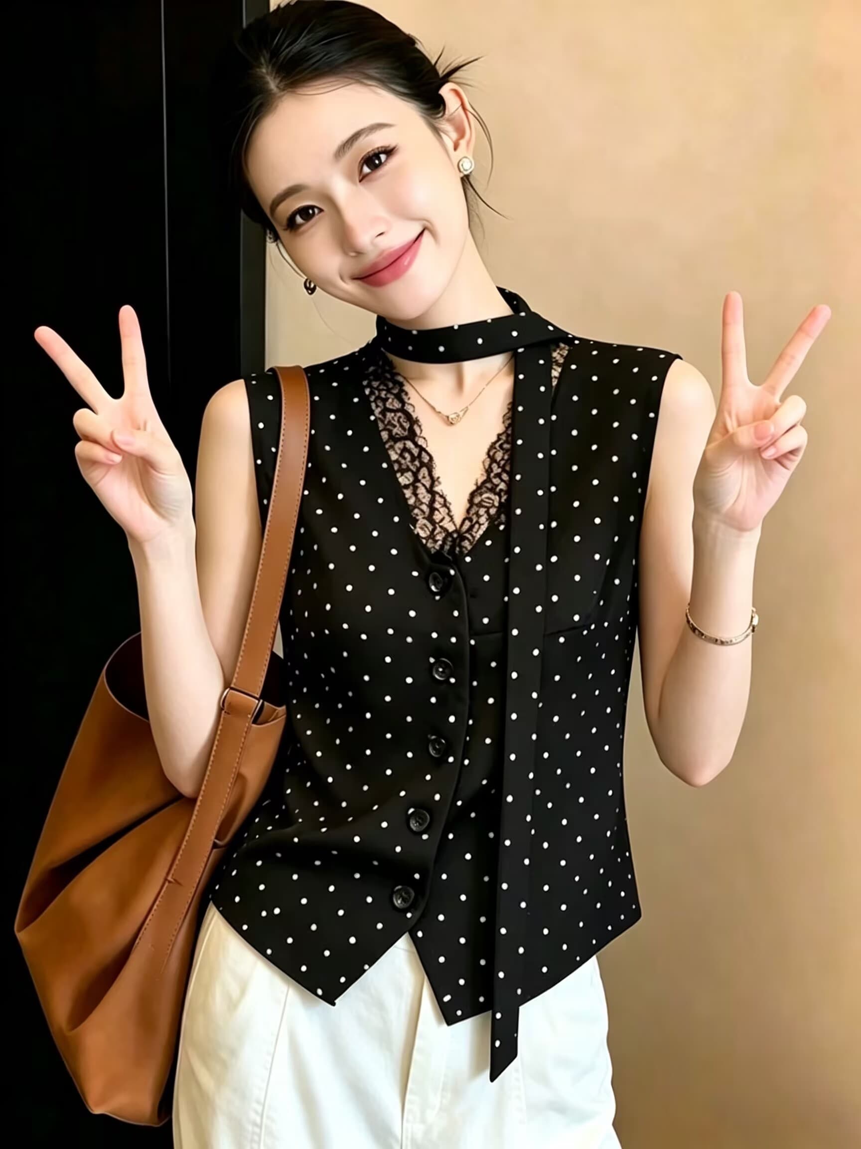 실사 고급 센스 패치워크 레이스 V넥 민소매 조끼 여자 2026 새로운 여름 루즈핏 슬림해 보이는 쇼트 스타일 맨위 상세 이미지 3