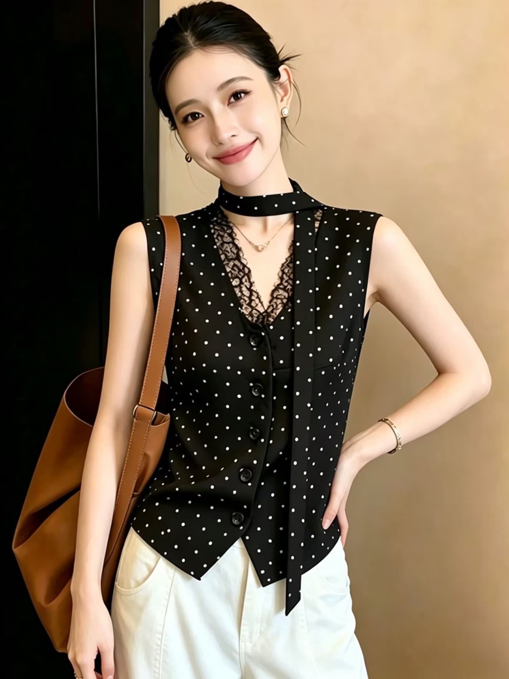 실사 고급 센스 패치워크 레이스 V넥 민소매 조끼 여자 2026 새로운 여름 루즈핏 슬림해 보이는 쇼트 스타일 맨위 상세 이미지 4