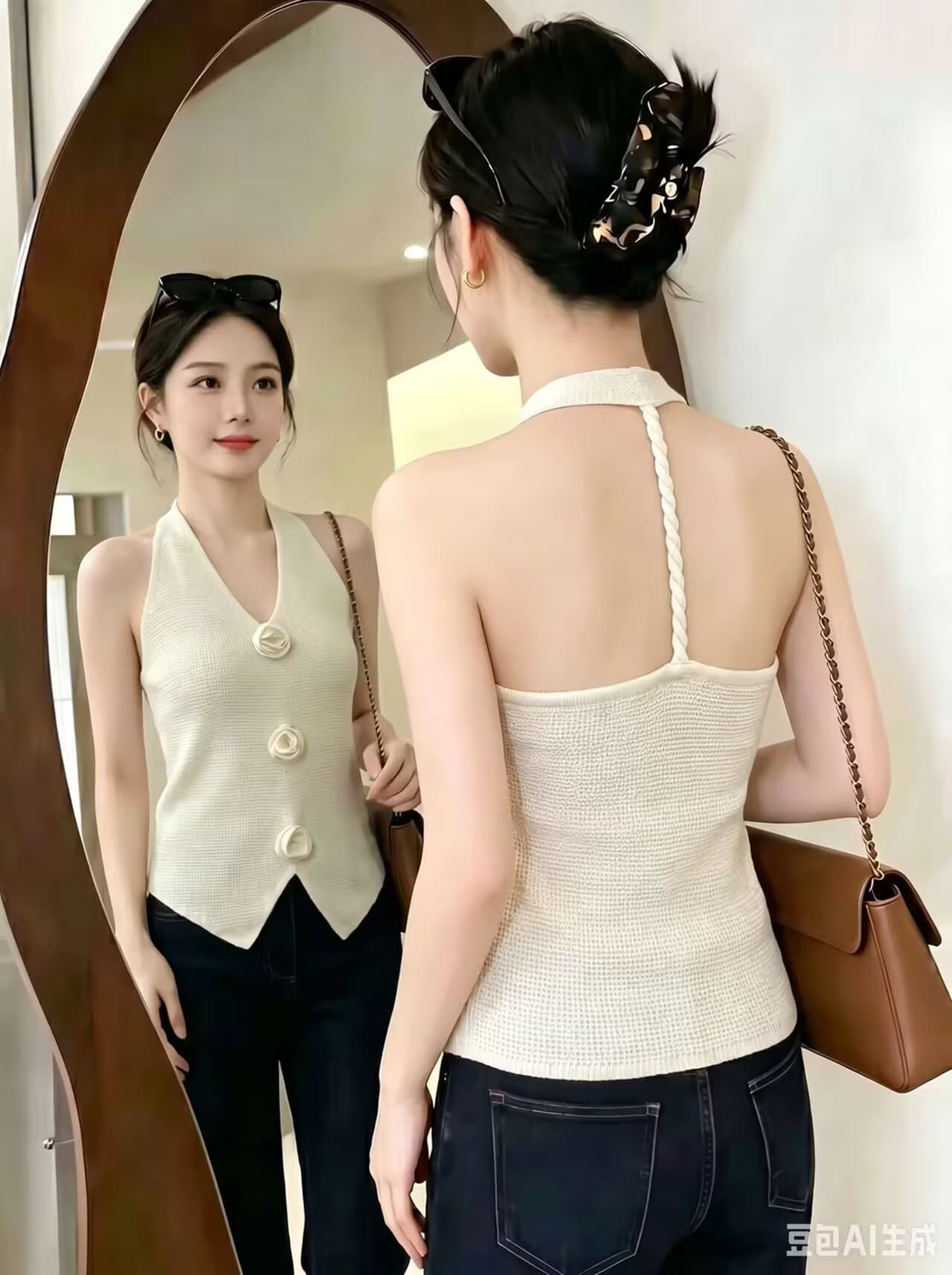 실사 섹시함 달콤한 핫걸 작은 키 니트 행침 목 캐미솔 여름 디자인 센스 백리스 민소매 맨위 이미지 2