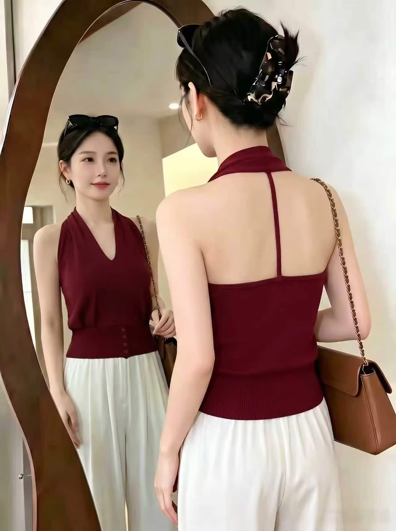 실사 여름 프랑스식 레트로 섹시함 핫걸 행침 목 백리스 몸매 가꾸기 캐미솔 V넥 디자인 센스 맨위 상세 이미지 1