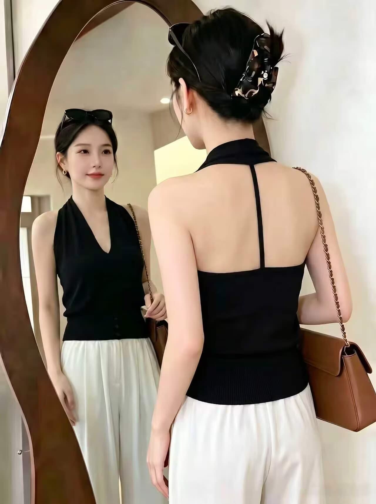 실사 여름 프랑스식 레트로 섹시함 핫걸 행침 목 백리스 몸매 가꾸기 캐미솔 V넥 디자인 센스 맨위 상세 이미지 3