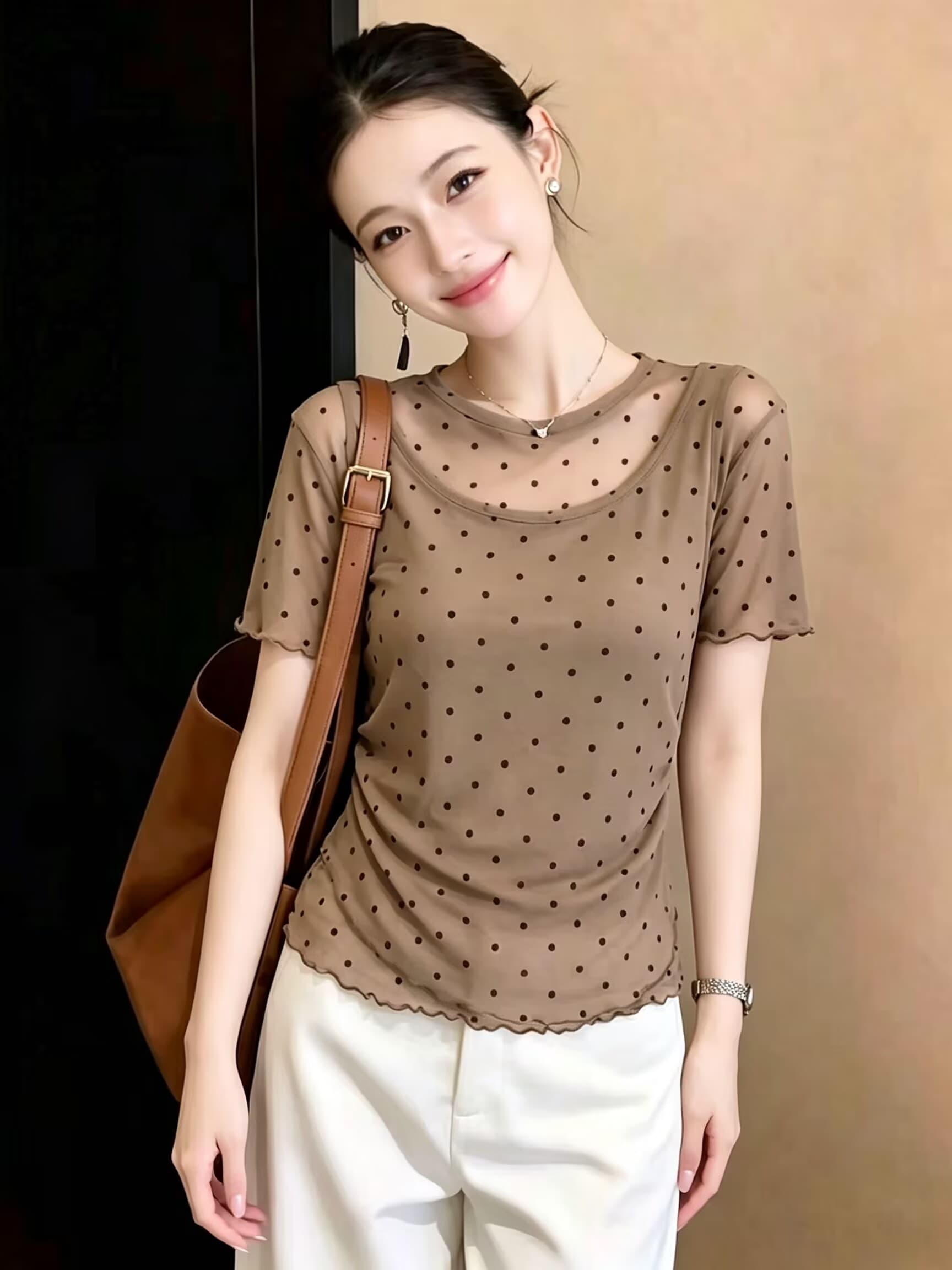 실사 여름 프랑스식 프릴 도트 무늬 페이크 레이어드 긍정적 인 어깨 반팔 티셔츠 여성 디자인 센스 핫걸 몸매 가꾸기 맨위 상세 이미지 1