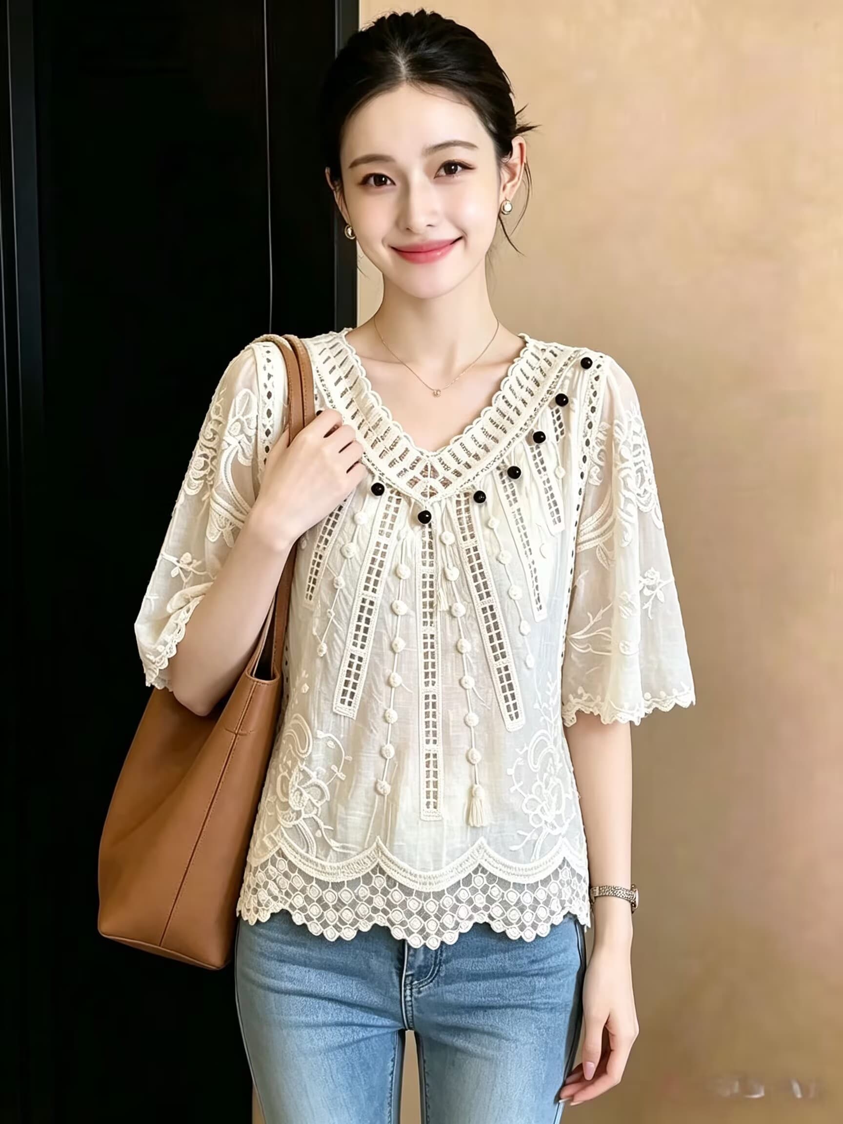 실사 프랑스식 V넥 레이스 조각 홀로우 아웃 여성 셔츠 2026 여름 새로운 홀로우 아웃 자수 다용도 맨위 상세 이미지 4