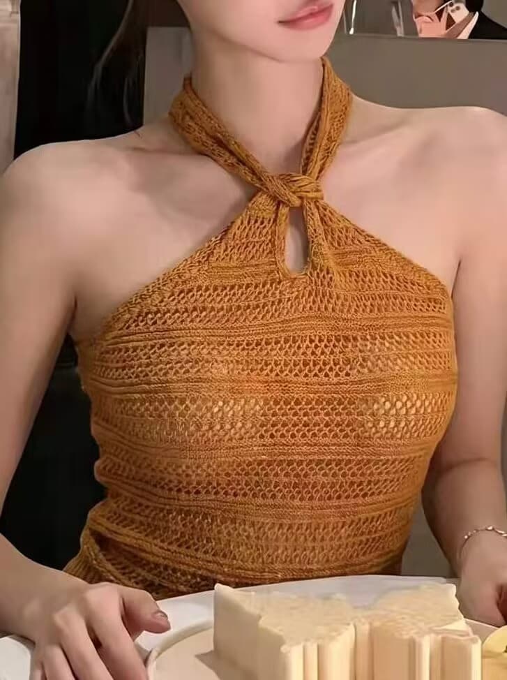 실사 여름 한 부서 핫걸 바람 행침 목 비틀림 니트 조끼 홀로우 아웃 디자인 슬림해 보이는 다용도 민소매 맨위 이미지 4