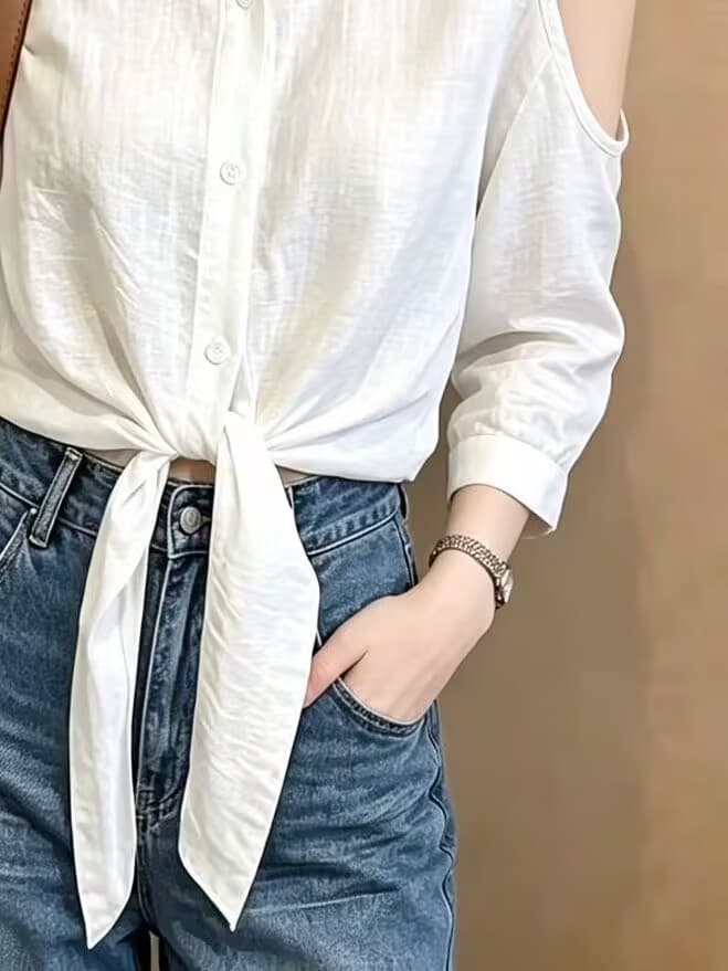 실사 2026 여름 드레스 새로운 작은 대중 Chic 스트랩 허리 수축 오프숄더 여성 셔츠 루즈핏 민소매 작은 셔츠 맨위 이미지 4