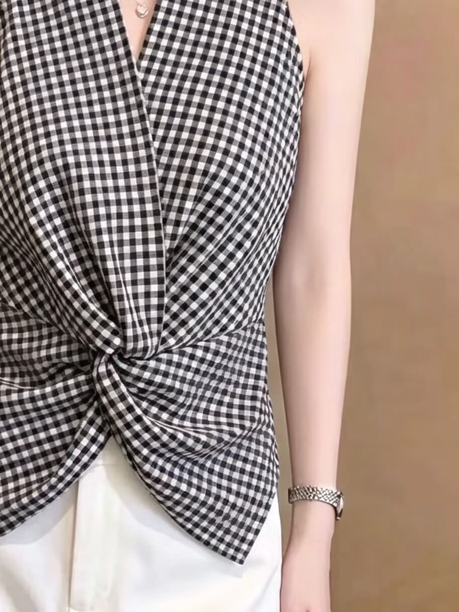실사 딤플 체크무늬 행침 목 비틀림 민소매 조끼 여성 2026 여름 디자인 센스 고유 한 맨위 상세 이미지 2