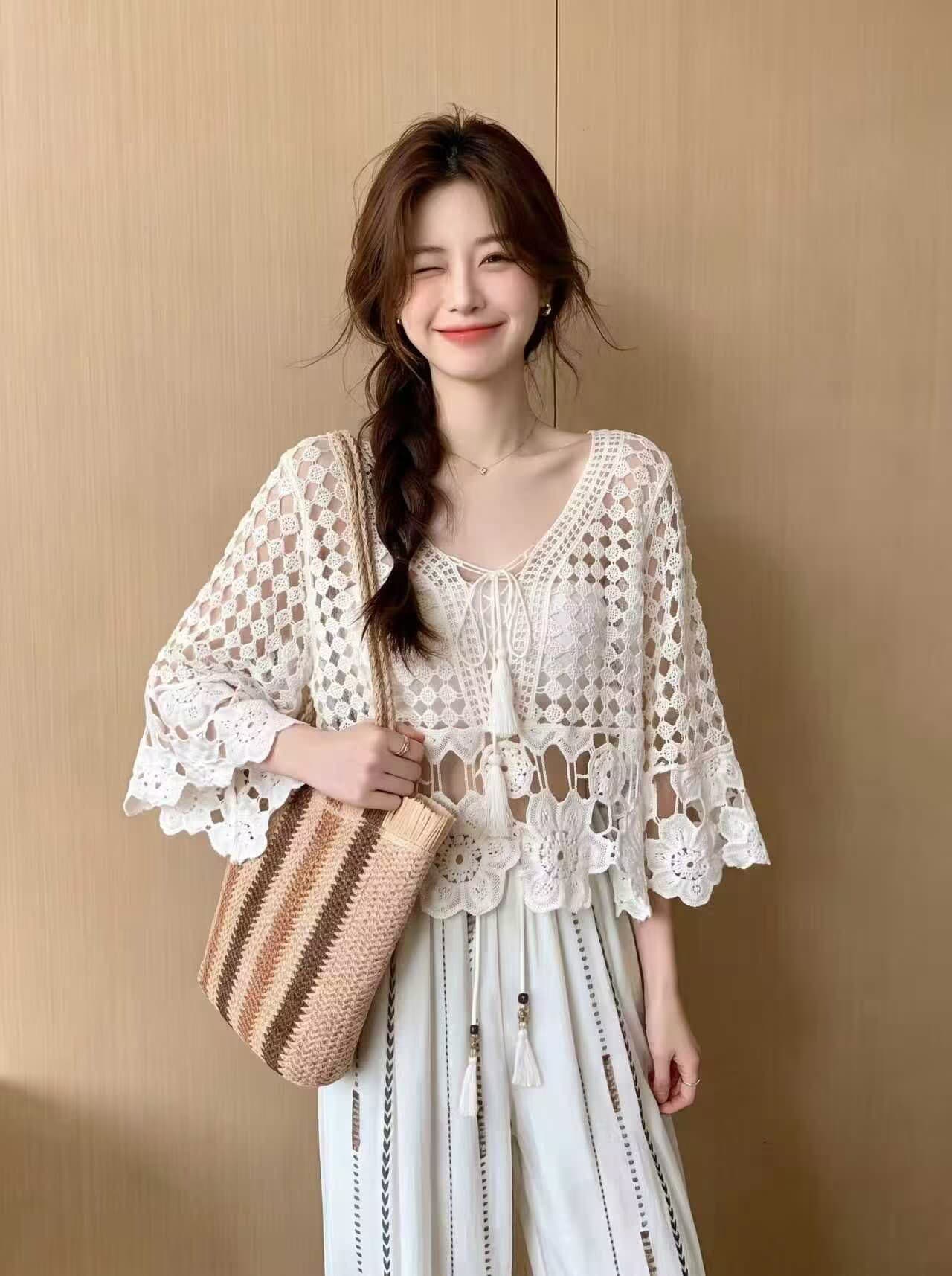 실사 휴가 바람 자수 홀로우 아웃 니트 자외선 차단 블라우스 여성 얇은 스타일 여름 고유 한 Chic 아름다운 맨위