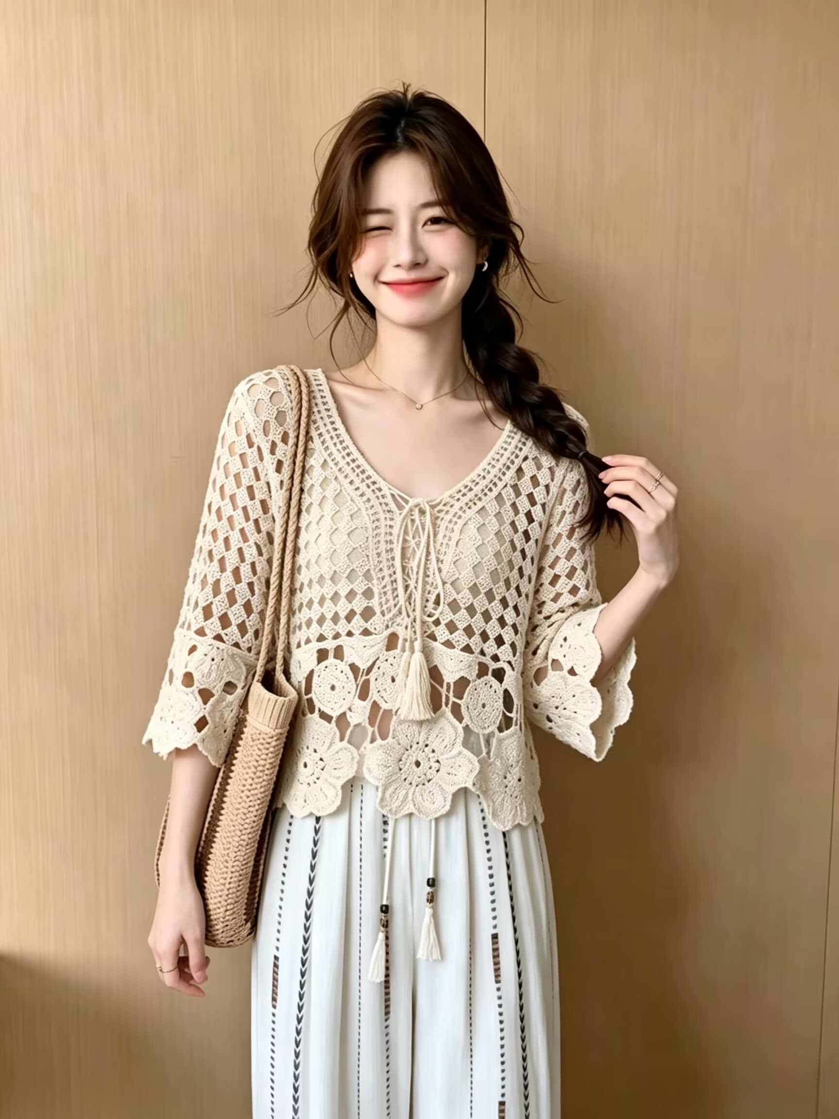 실사 휴가 바람 자수 홀로우 아웃 니트 자외선 차단 블라우스 여성 얇은 스타일 여름 고유 한 Chic 아름다운 맨위 이미지 2