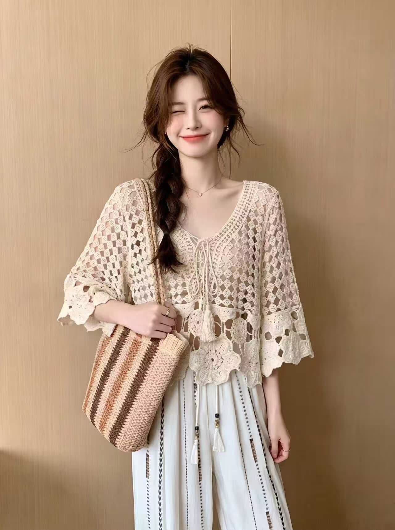 실사 휴가 바람 자수 홀로우 아웃 니트 자외선 차단 블라우스 여성 얇은 스타일 여름 고유 한 Chic 아름다운 맨위 이미지 4