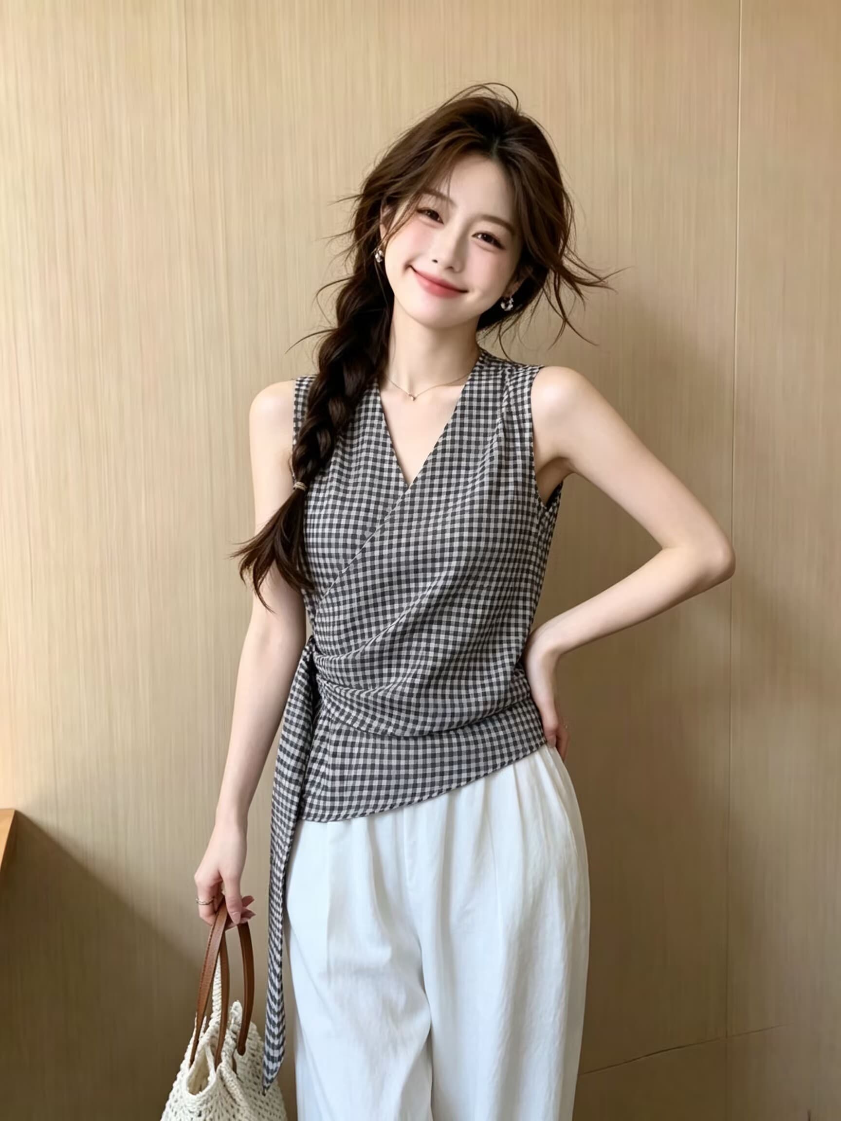 실사 여름 프랑스식 레트로 V넥 허리 수축 슬림해 보이는 고유 한 Chic 아름다운 달콤한 핫걸 캐미솔 여성 셔츠 이미지 2