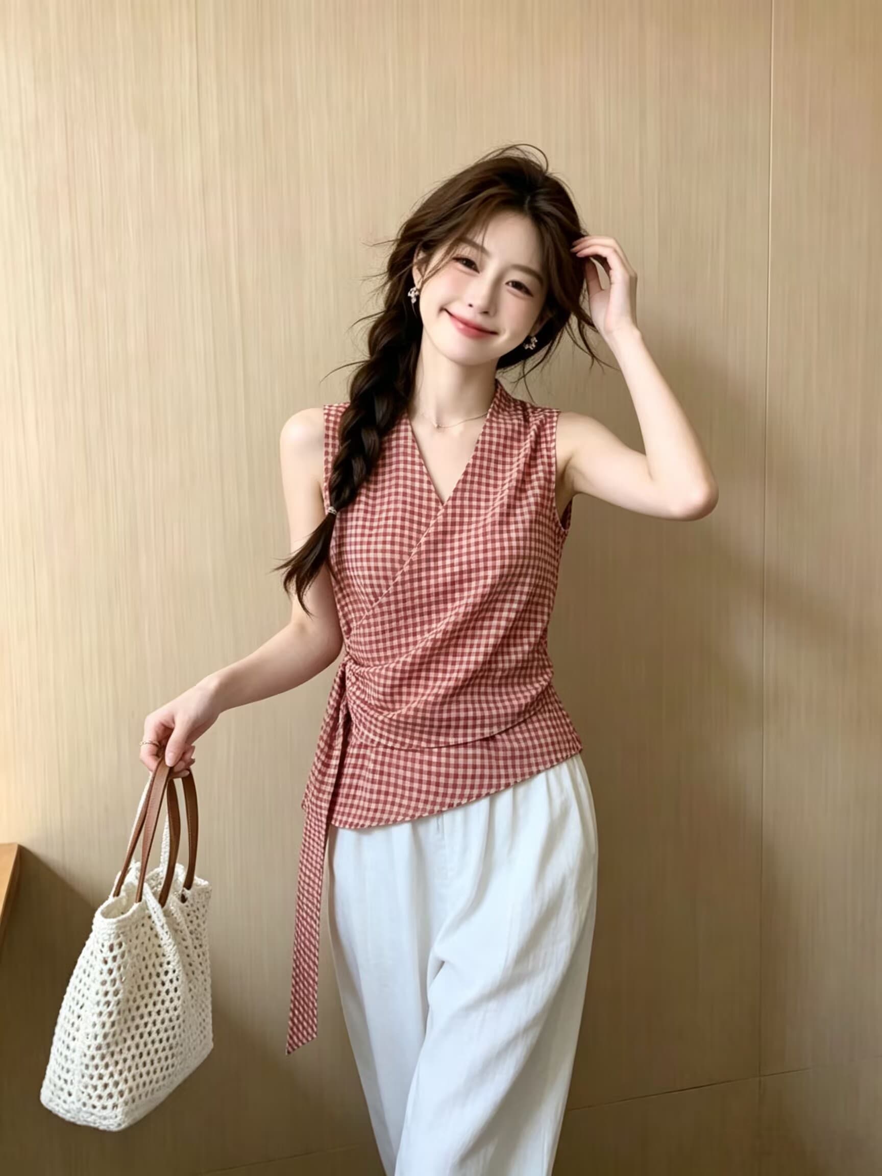 실사 여름 프랑스식 레트로 V넥 허리 수축 슬림해 보이는 고유 한 Chic 아름다운 달콤한 핫걸 캐미솔 여성 셔츠 이미지 3