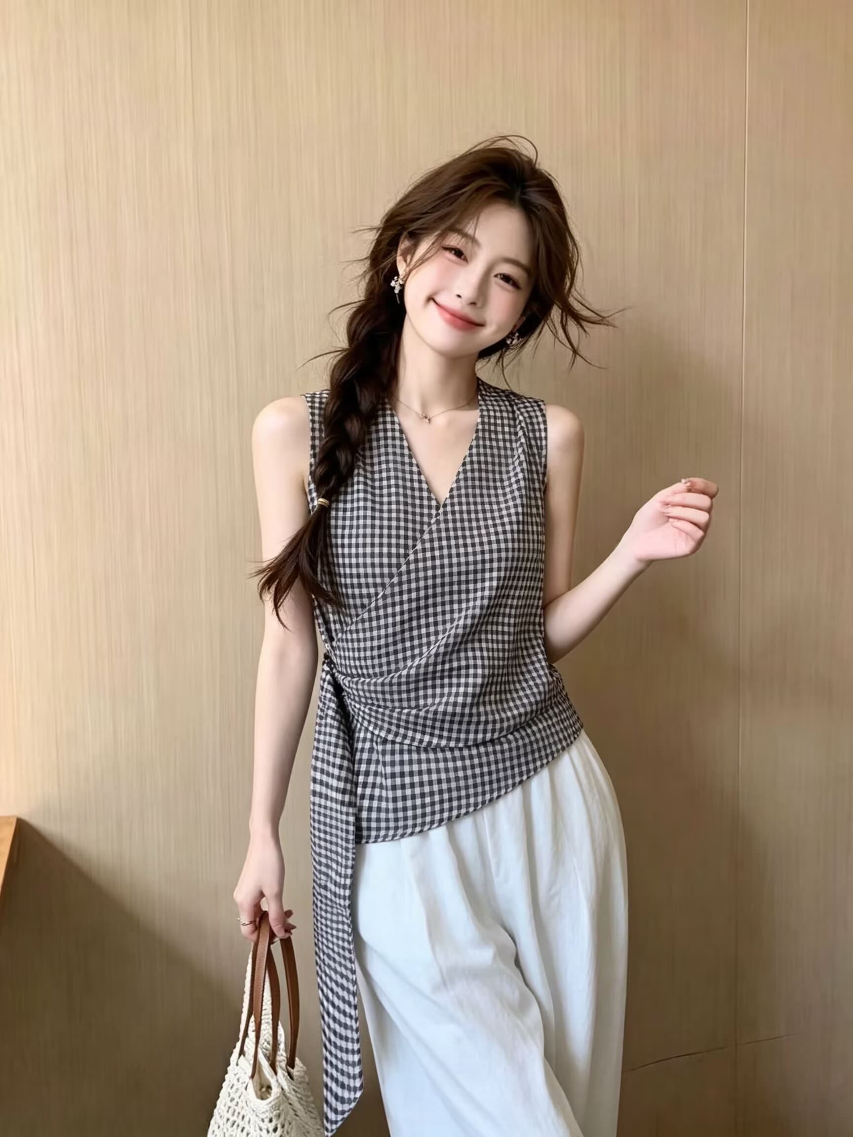 실사 여름 프랑스식 레트로 V넥 허리 수축 슬림해 보이는 고유 한 Chic 아름다운 달콤한 핫걸 캐미솔 여성 셔츠 이미지 4