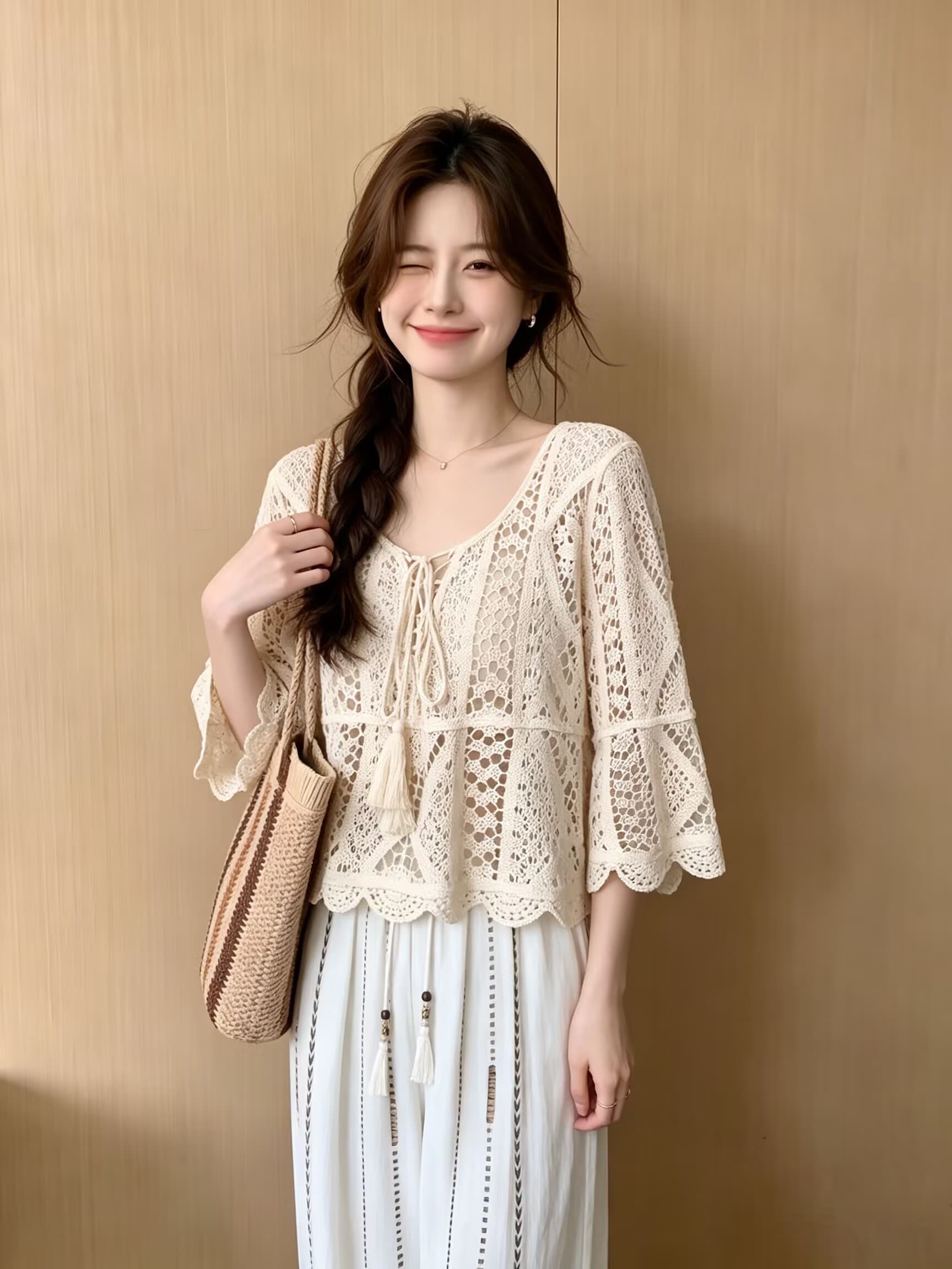 실사 휴가 바람 자수 홀로우 아웃 니트 자외선 차단 블라우스 여성 얇은 스타일 여름 고유 한 Chic 아름다운 맨위 상세 이미지 4