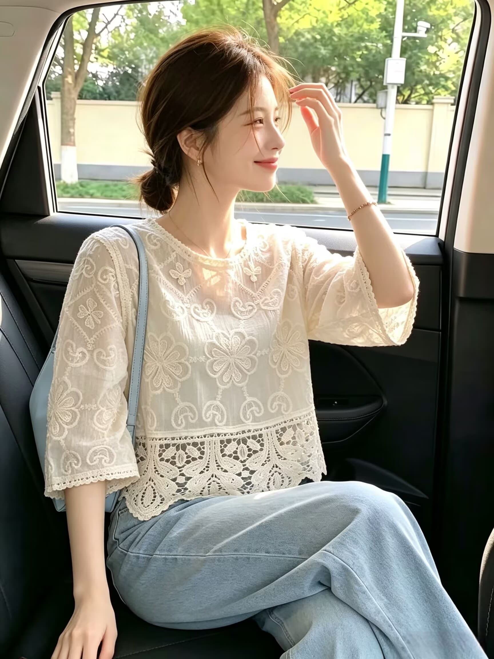 실사 무거운 작업 자수 홀로우 아웃 자수 작은 셔츠 여성 여름 새로운 다용도 루즈핏 세련된 잘 생긴 중간 소매 맨위 이미지 3
