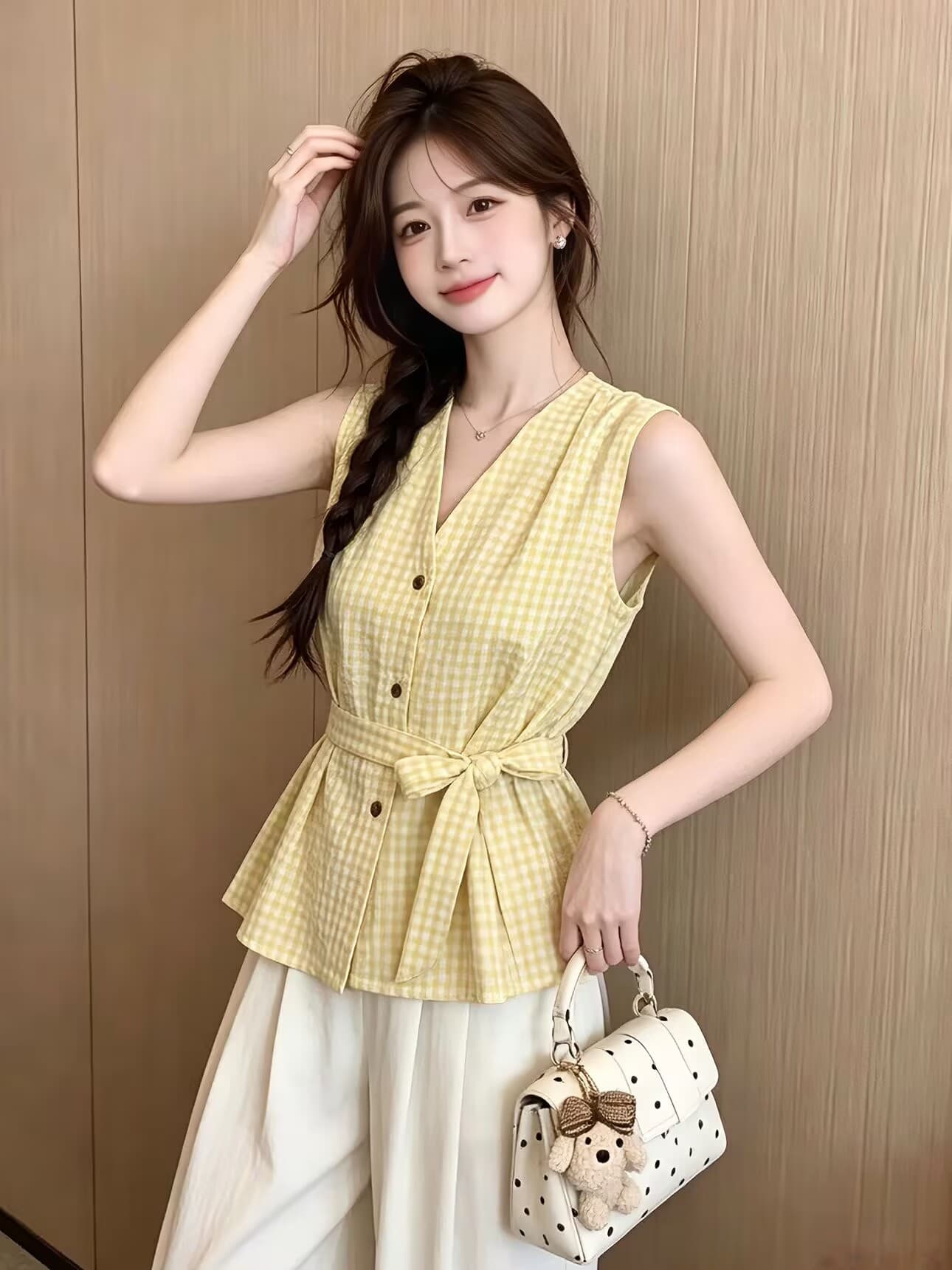 실사 지금 2026 여름 새로운 프랑스식 레트로 빨간색 체크무늬 V넥 민소매 베스트 허리 수축 슬림해 보이는 조끼 이미지 2