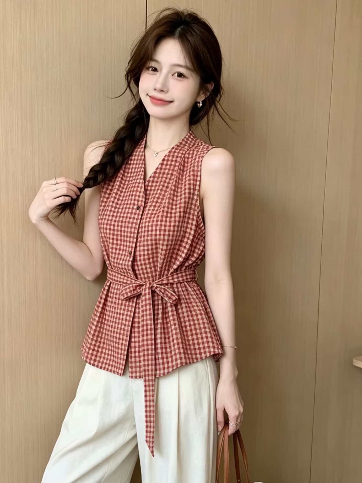 실사 지금 2026 여름 새로운 프랑스식 레트로 빨간색 체크무늬 V넥 민소매 베스트 허리 수축 슬림해 보이는 조끼 이미지 3