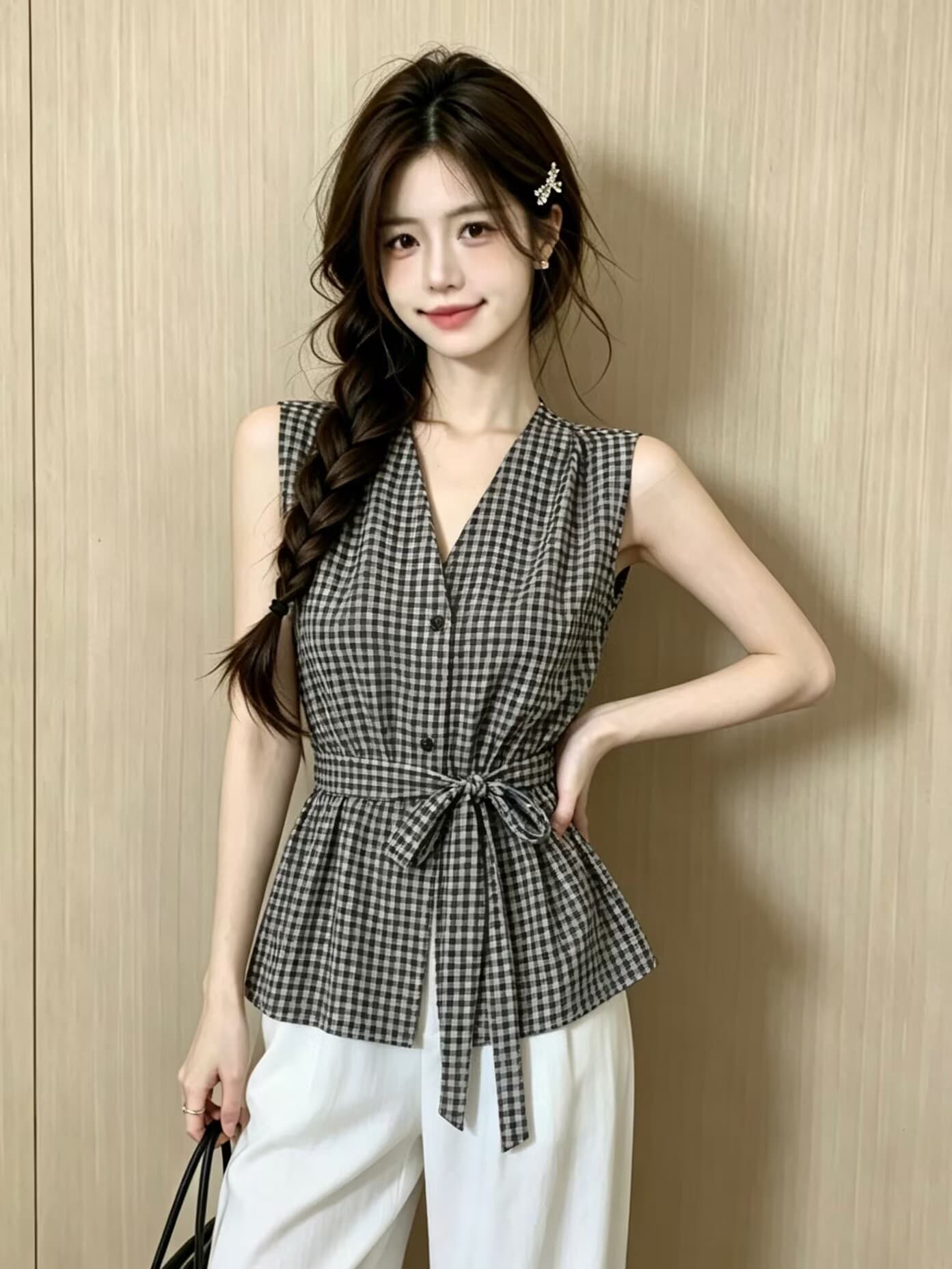 실사 지금 2026 여름 새로운 프랑스식 레트로 빨간색 체크무늬 V넥 민소매 베스트 허리 수축 슬림해 보이는 조끼 이미지 4