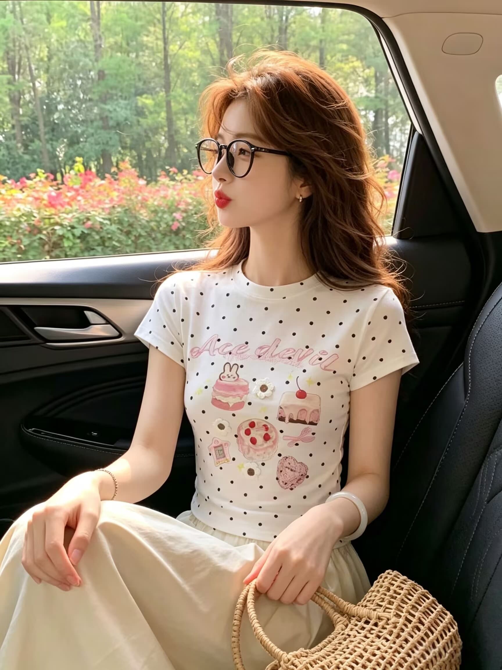 실사 달콤함 프린트 반팔 티셔츠 여성 여름 몸매 가꾸기 슬림해 보이는 다용도 디자인 센스 도트 무늬 새로운 맨위 이미지 3