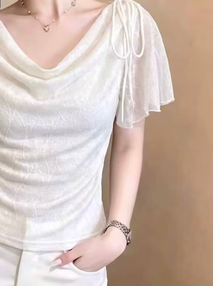 실사 여름 섹시함 달콤한 핫걸 긍정적 인 어깨 흔들다 칼라 배색 도트 무늬 반팔 티셔츠 여성 레이스업 꼬집기 허리 슬림해 보이는 맨위 이미지 3