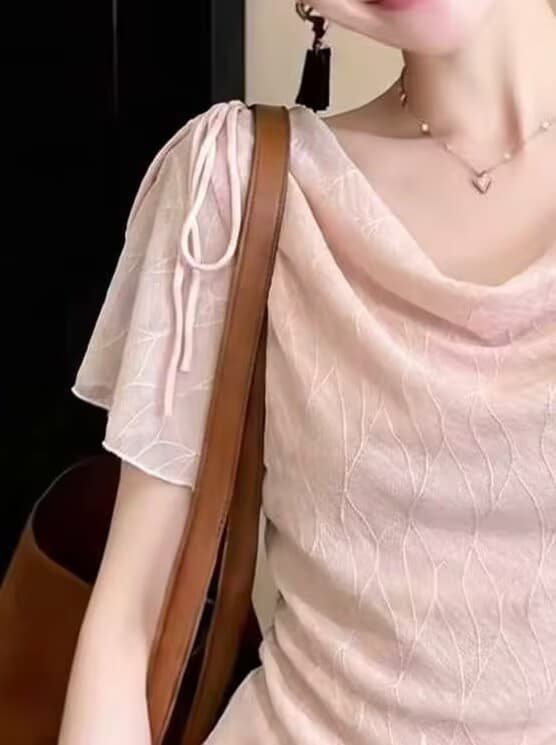 실사 여름 섹시함 달콤한 핫걸 긍정적 인 어깨 흔들다 칼라 배색 도트 무늬 반팔 티셔츠 여성 레이스업 꼬집기 허리 슬림해 보이는 맨위 이미지 4