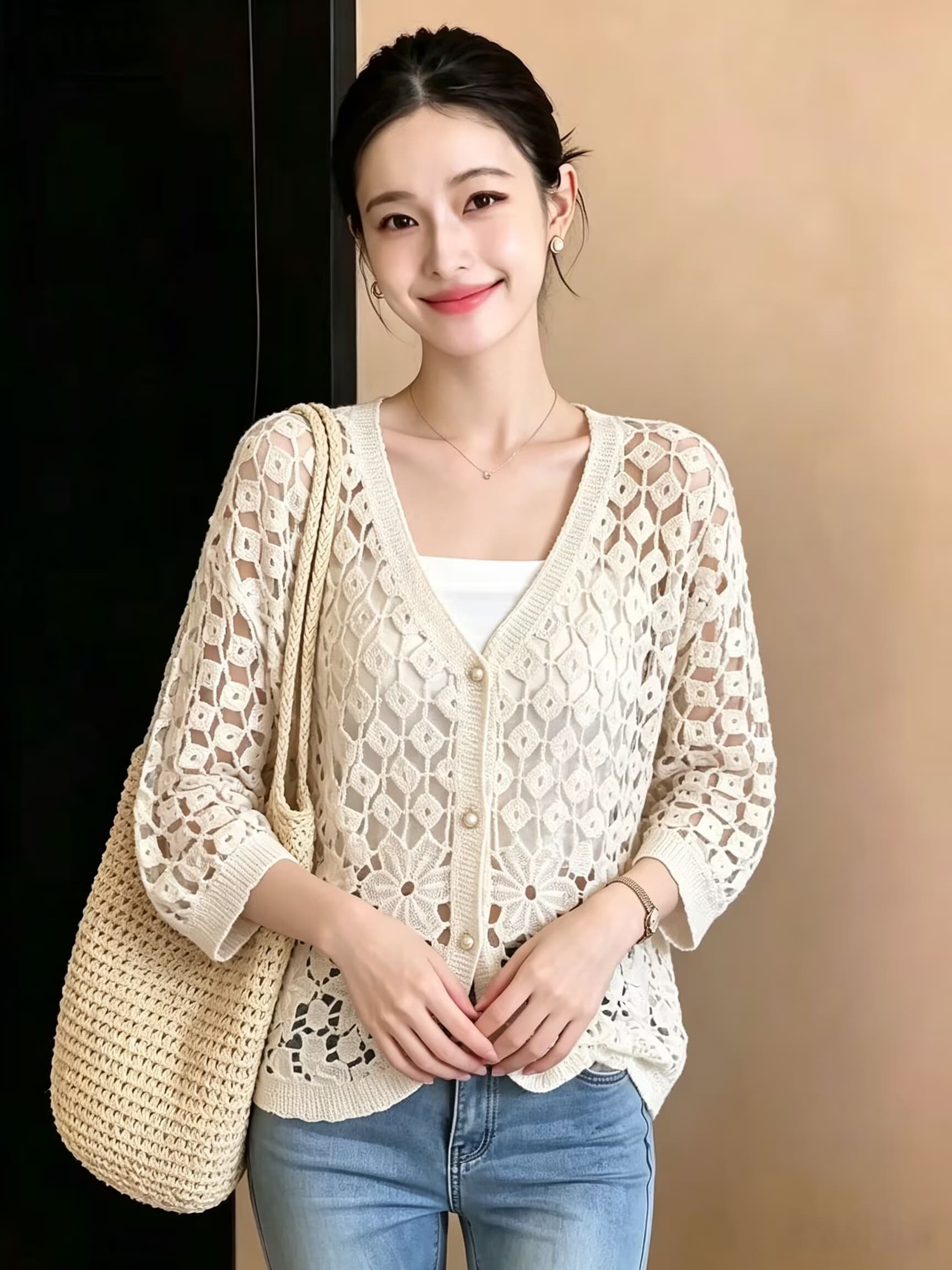 실사 프랑스식 절묘한 무거운 작업 홀로우 아웃 V넥 니트 블라우스 여름 빅 사이즈 루즈핏 슬림해 보이는 표지 고기 다용도 작은 셔츠 상세 이미지 2