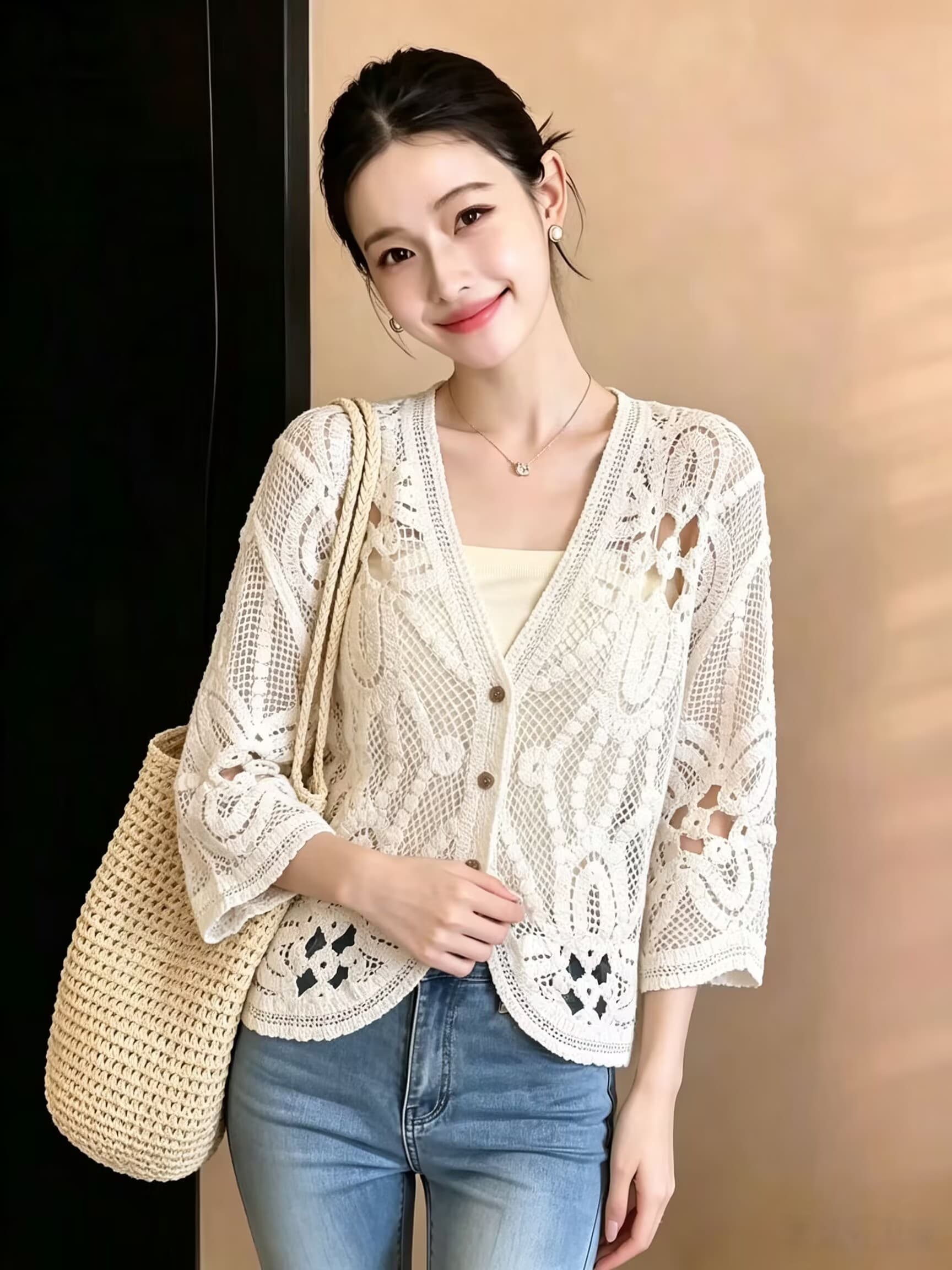 실사 프랑스식 절묘한 무거운 작업 홀로우 아웃 V넥 니트 블라우스 여름 빅 사이즈 루즈핏 슬림해 보이는 표지 고기 다용도 작은 셔츠 이미지 4