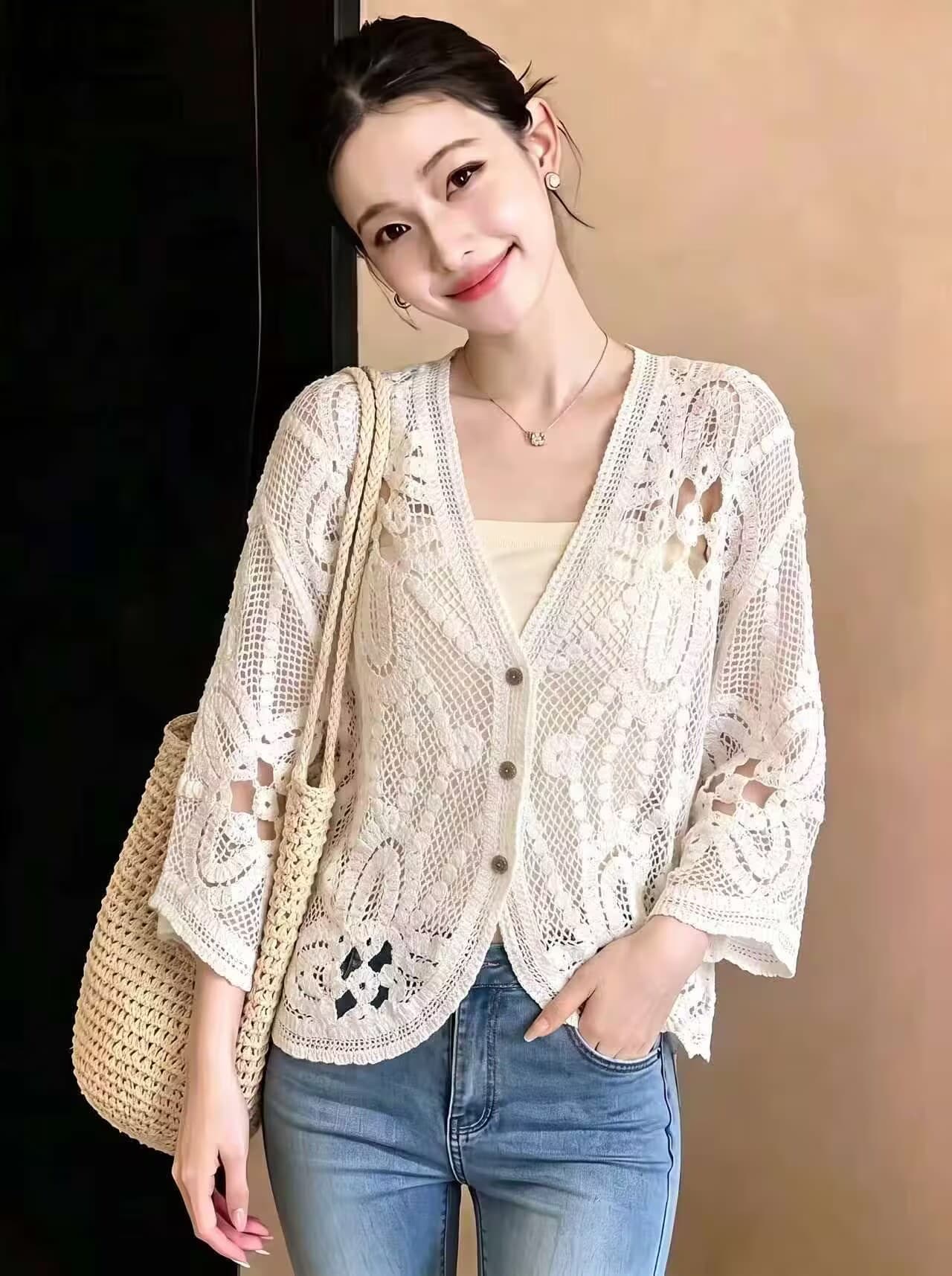 실사 프랑스식 절묘한 무거운 작업 홀로우 아웃 V넥 니트 블라우스 여름 빅 사이즈 루즈핏 슬림해 보이는 표지 고기 다용도 작은 셔츠 상세 이미지 2