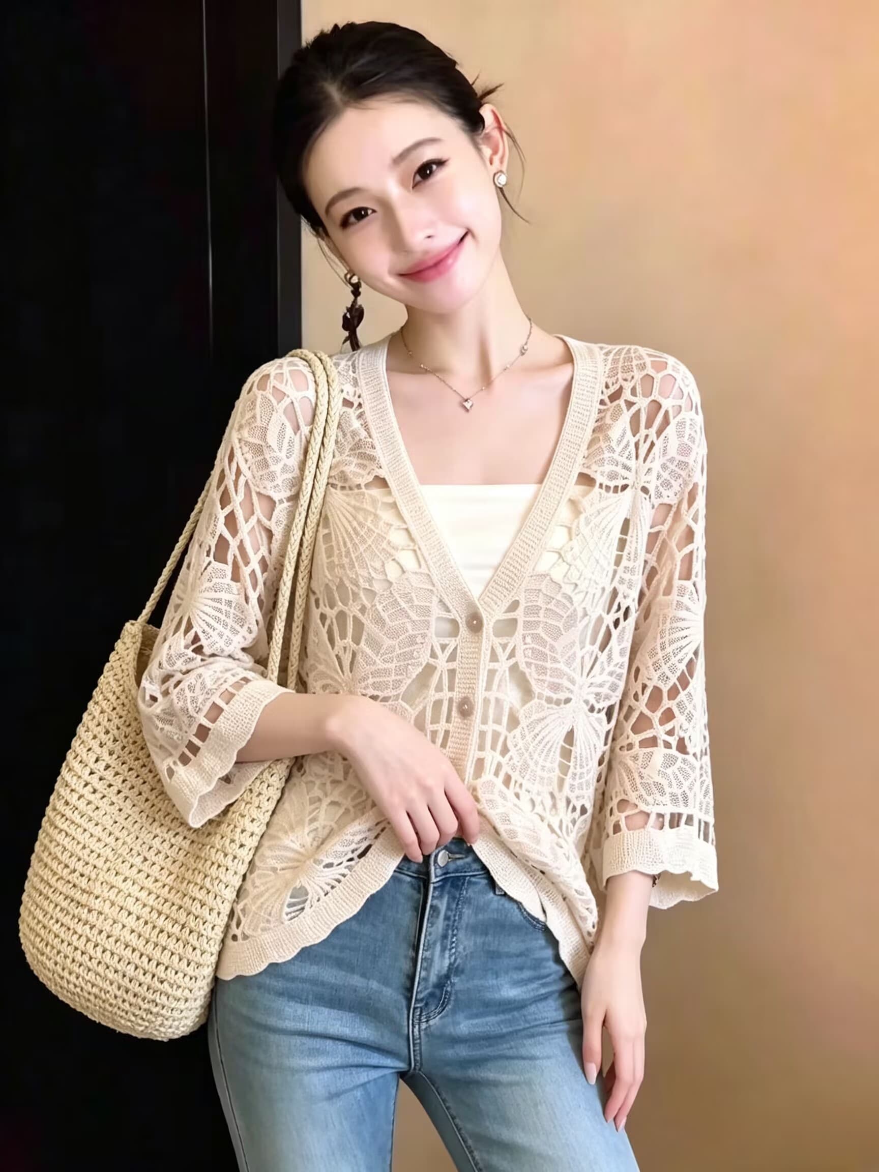 실사 프랑스식 절묘한 무거운 작업 홀로우 아웃 V넥 니트 블라우스 여름 빅 사이즈 루즈핏 슬림해 보이는 표지 고기 다용도 작은 셔츠 이미지 3